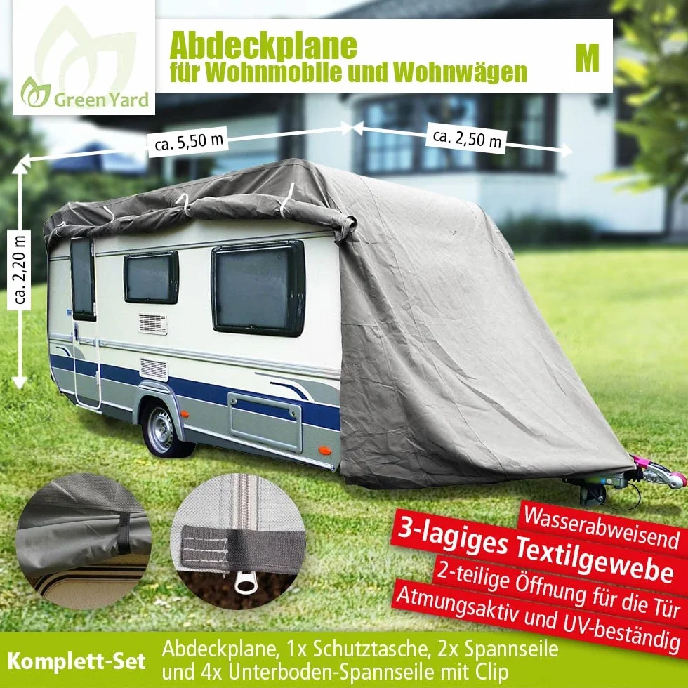 GreenYard® Plandeka do przyczep kempingowych lub kamperów | Rozmiar L 610 x 250 x 220 cm | Osłona kempingowa | Ochrona przed kurzem i wilgocią | Wodoodporna i oddychająca | Trwała