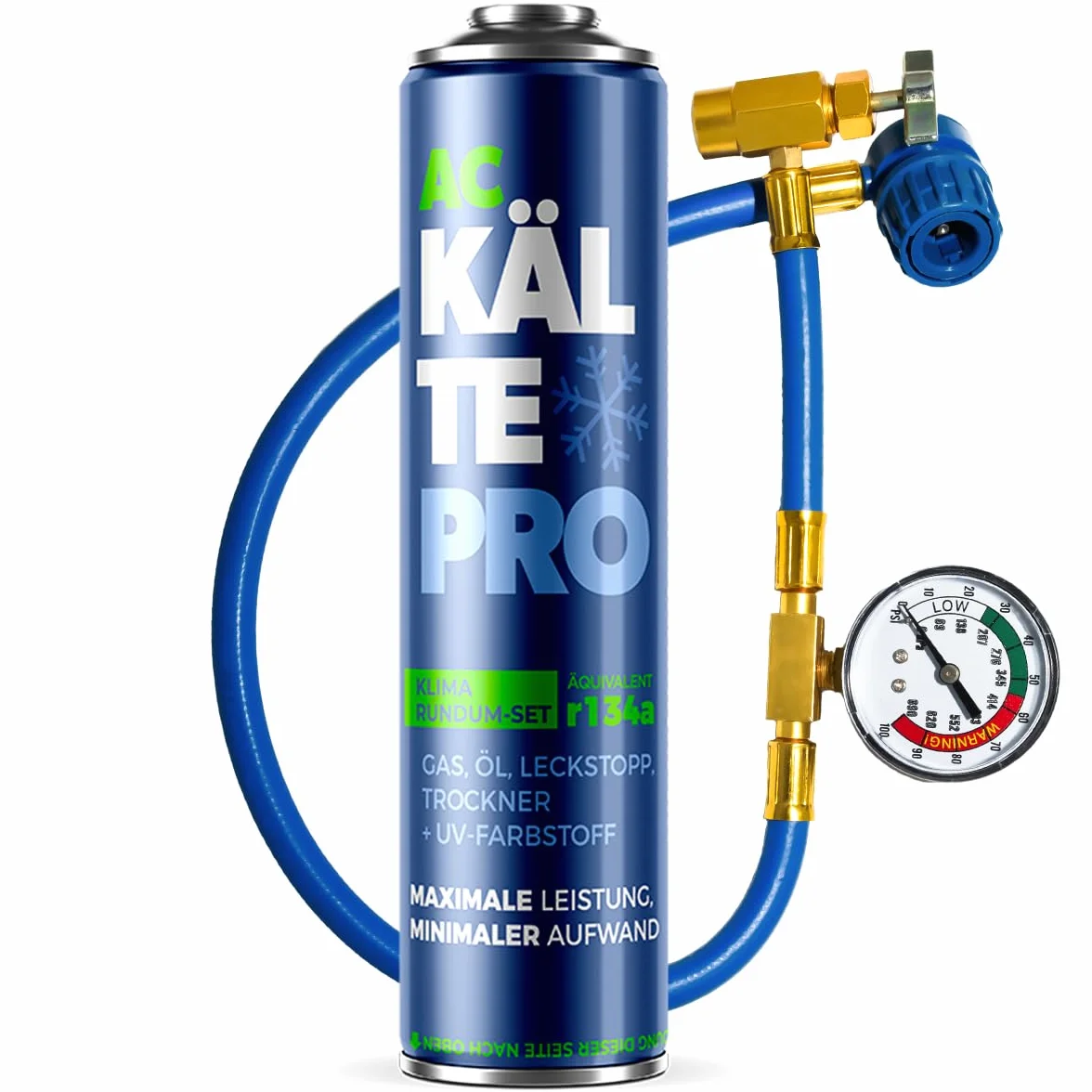 R134a Zamiennik Czynnika do Klimatyzacji - Kompletny Zestaw 5w1: Gaz, Uszczelniacz, Olej, Osuszacz i UV - Odpowiada 755g R134a (500ml) - Do Aut 1995–2016 (1 puszka + wąż)