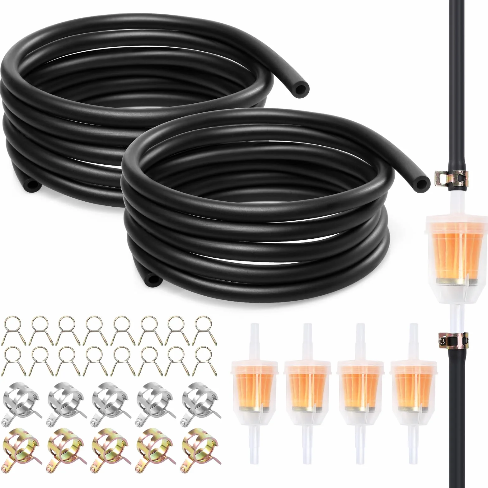 Zestaw 32 węży benzynowych, 2 x wąż paliwowy 2 m, 4 filtry benzynowe 6 mm, 10 obejm 10 mm, 16 małych kart, przewód paliwowy do kosiarki, samochodu, traktora, małych silników