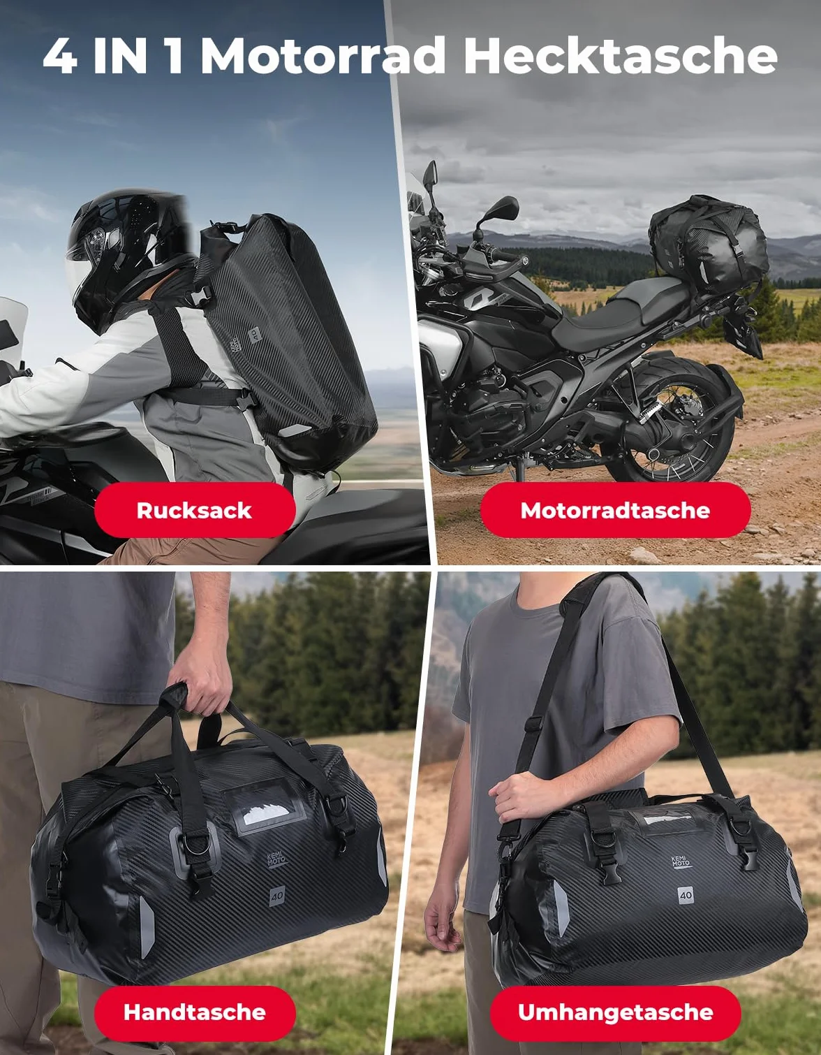 KEMIMOTO Torba motocyklowa, 40 l, wodoodporna tylna torba motocyklowa z paskiem na ramię, torba na siodełko motocyklowe z 4 pasami mocującymi do motocykli, jazdy na rowerze, kempingu, podróży