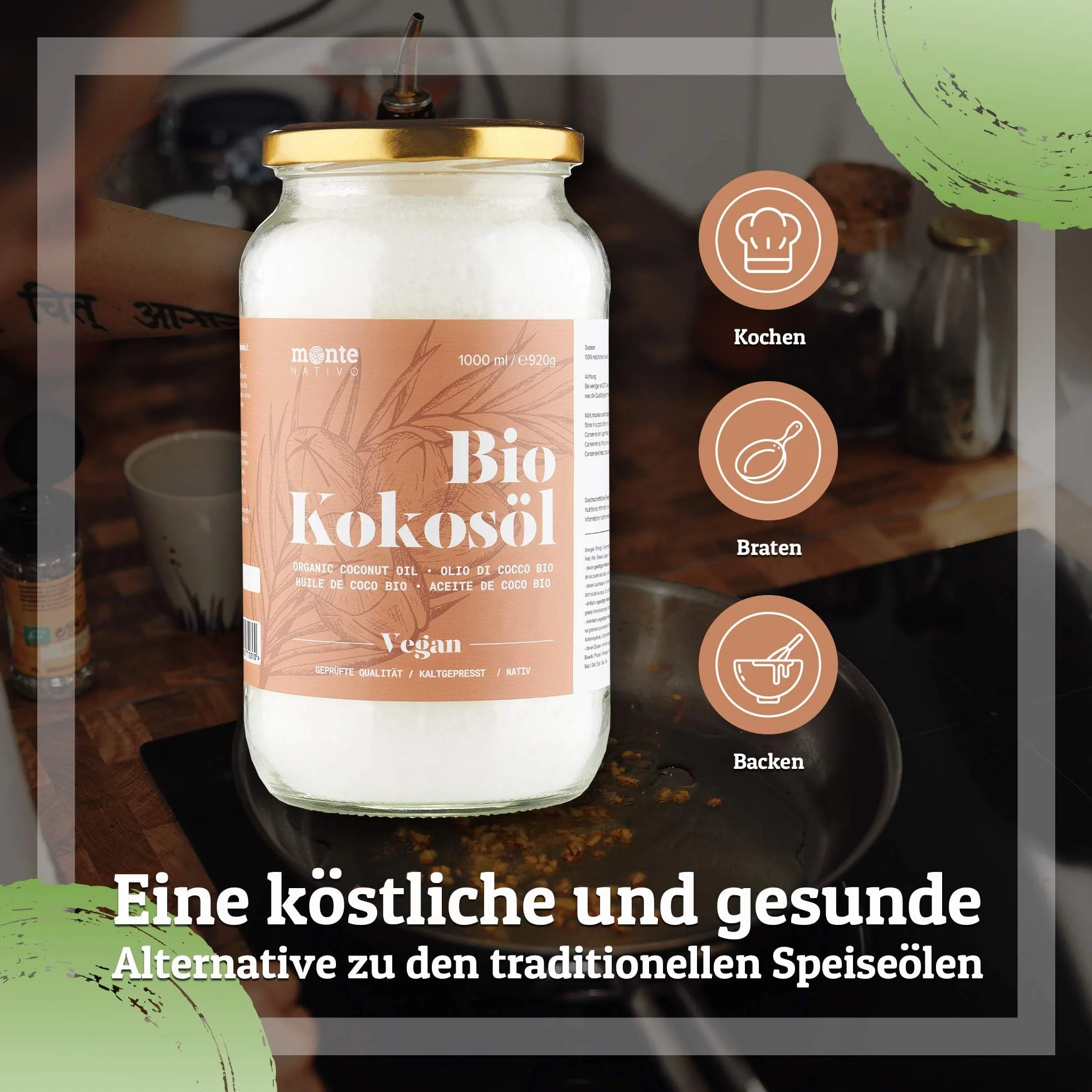 Organiczny olej kokosowy Monte Nativo - 1000ml (1 litr) - Premium, 100% naturalny, z pierwszego tłoczenia na zimno, wysoka jakość żywności surowej - do gotowania, smażenia i pieczenia, do pielęgnacji skóry i włosów