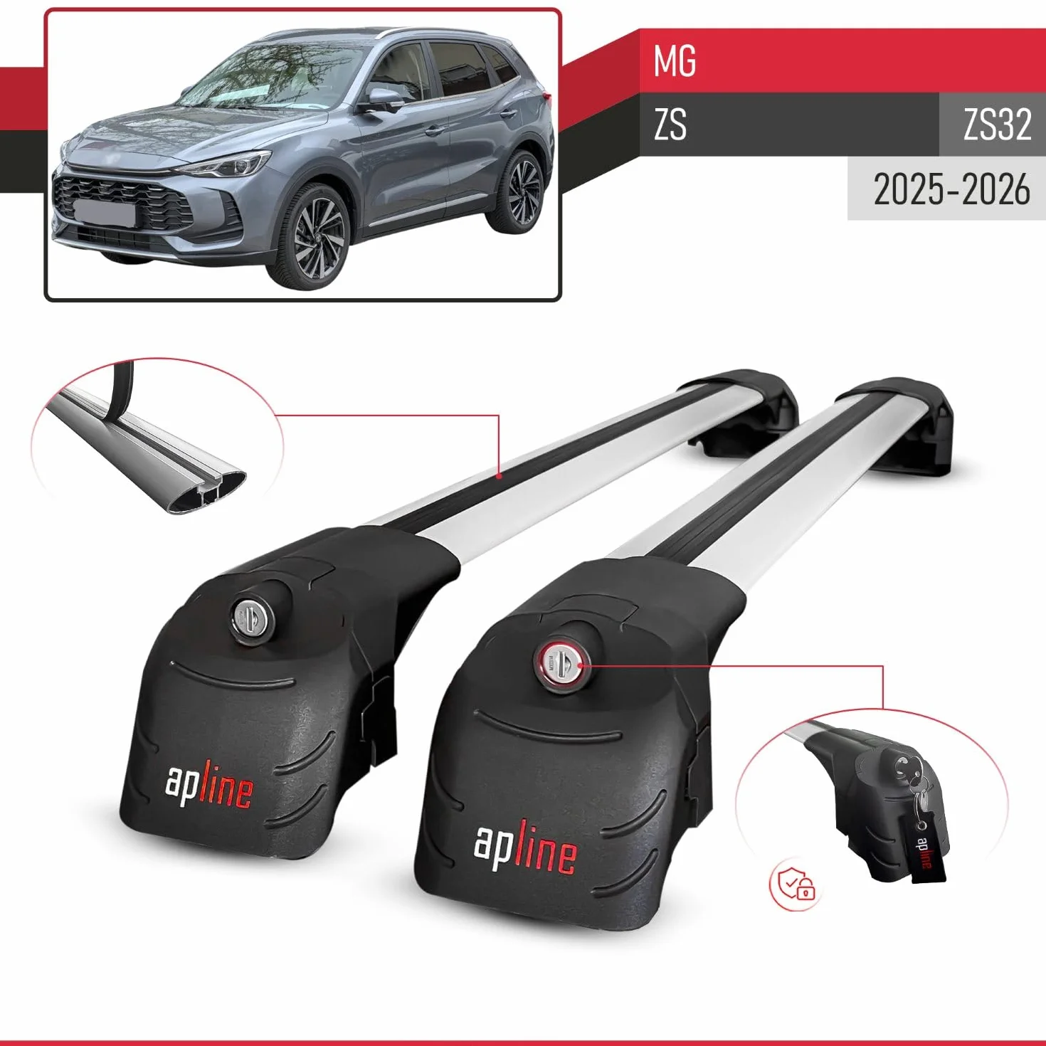 Kompatybilny z MG ZS (ZS32) 2025-2026 ACE-2 Aluminiowy bagażnik dachowy – 2 poprzeczki, szary