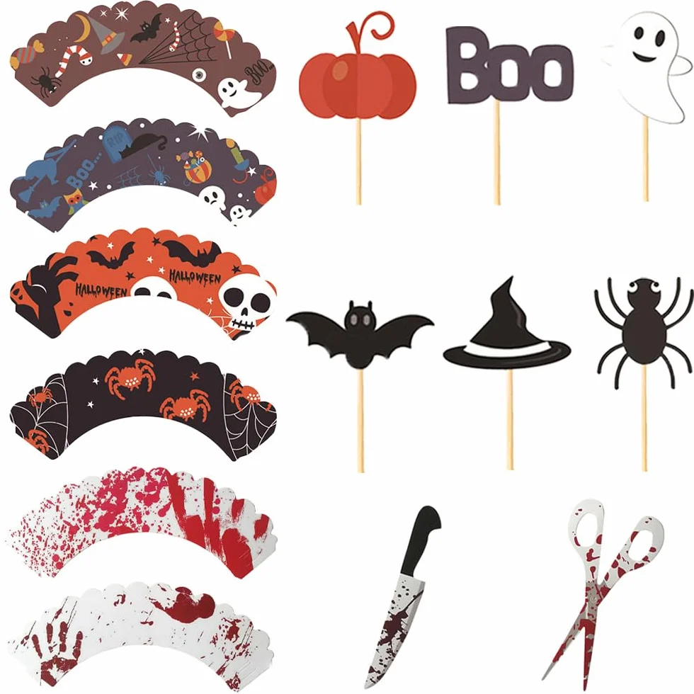 48 sztuk ozdób na babeczki na Halloween, krasnoludy, dynia, dekoracje na babeczki, nawiedzony dom, toppery na tort, na Halloween, imprezę, artykuły kuchenne, pieczenie babeczek