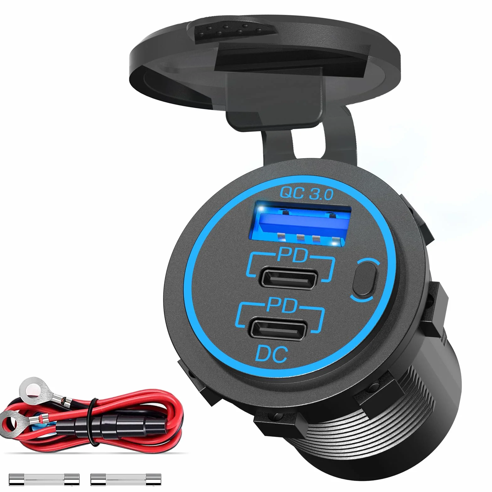 96 W PD 3.0 gniazdo USB C 12 V do montażu: podwójne gniazdo USB typu C, wodoszczelne gniazdo zapalniczki samochodowej 12 V, adapter z przełącznikiem, do samochodów kempingowych, motocykli, łodzi