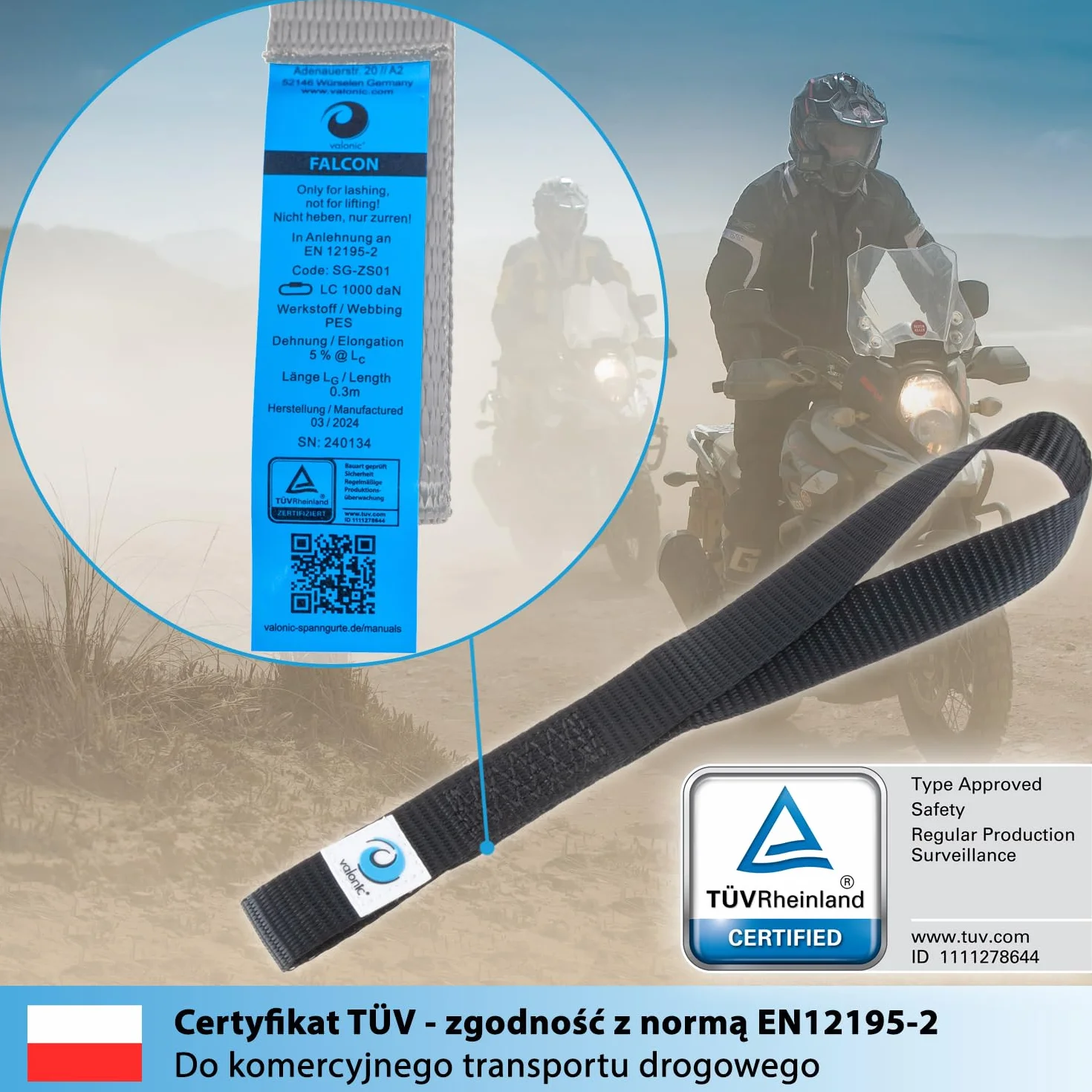 valonic Falcon - 4X Pętle mocujące, 30 cm, 25 mm, 1000 kg, TÜV Rheinl. Certyfikat EN 12195-2 - czarny, pętle pasów do transportu motocykli, pas mocujący, pasy mocujące, samochód, pętla mocująca