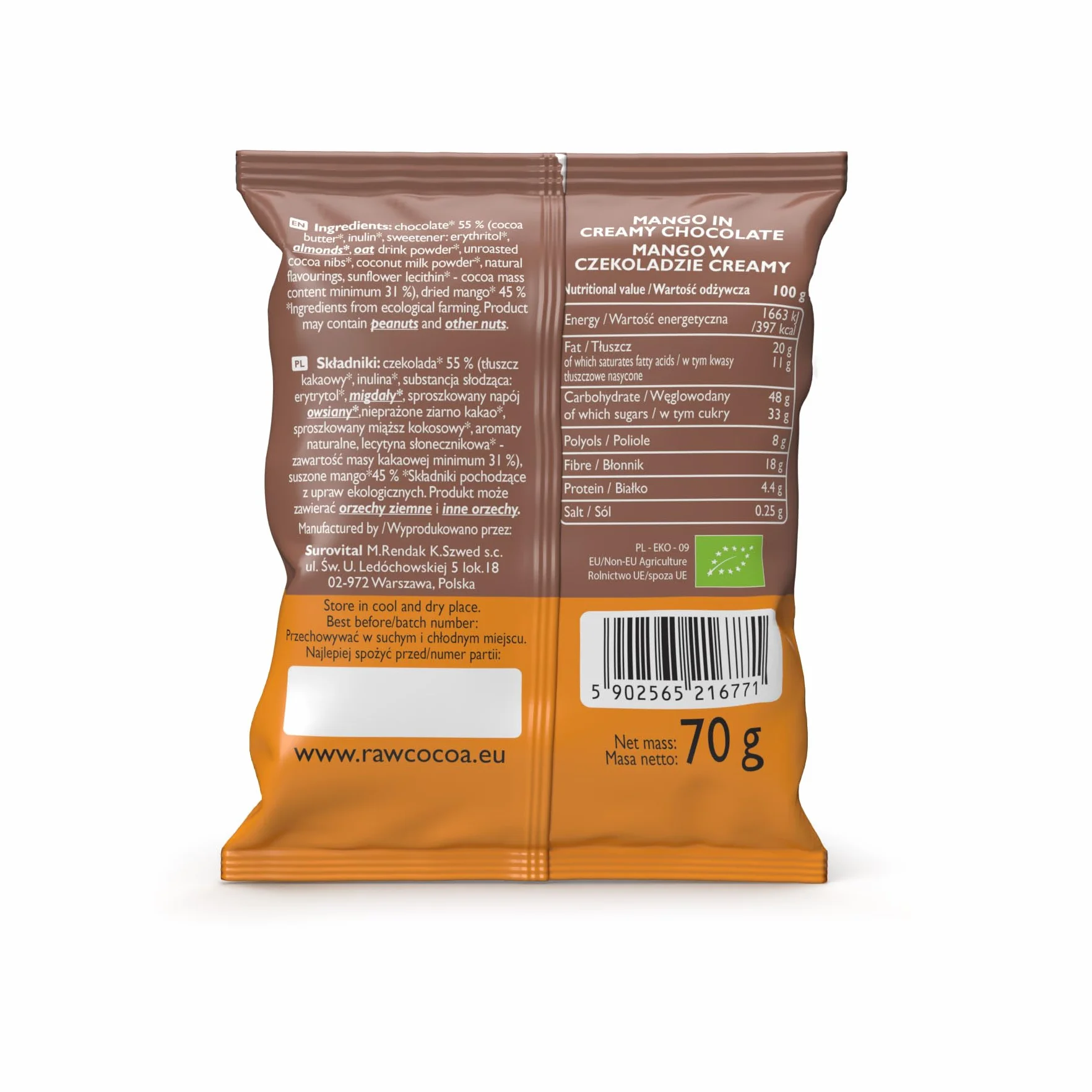CO COA Mango w kremowej czekoladzie BIO 70g – Bezcukrowe słodycze dla wegan, gorąca czekolada z prebiotykami, czekolada bez cukru, bez laktozy, GMO i oleju palmowego – Wegańska BIO przekąska