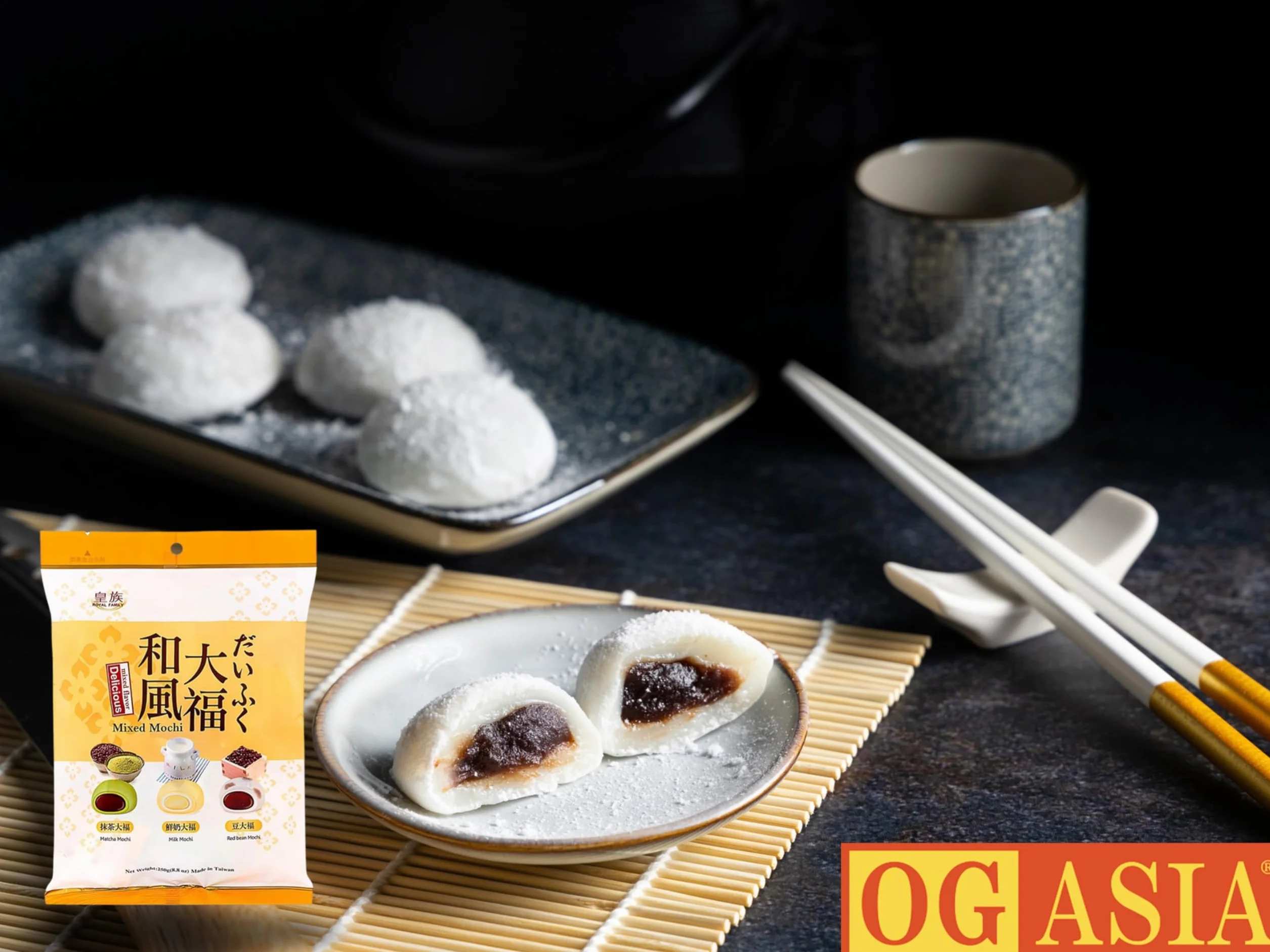 Delicious Pyszne Mini Mochi Mix – 3 rodzaje – mleko, matcha, czerwona fasola – japońskie słodkie potrawy – miękkie i lepkie ciasto ryżowe – OG ASIA – 250 g