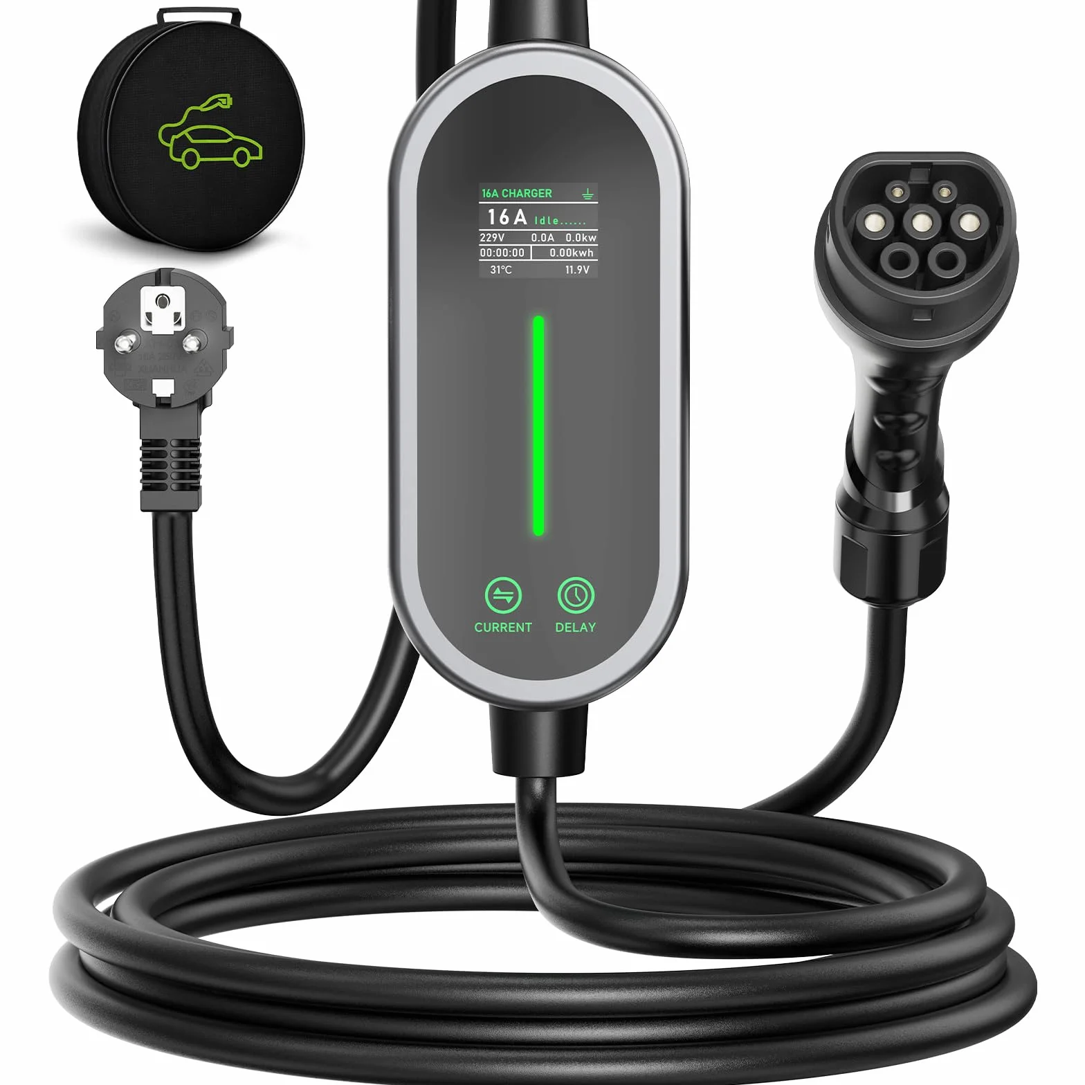 Kabel do ładowania typu 2, 3,6 kW 8 m 6-16 A 1-fazowa ładowarka EV typ 2 Schuko ze sterowanym wyświetlaczem cyfrowym, przenośna ładowarka EV, kabel do ładowania do samochodu, funkcja czasu i