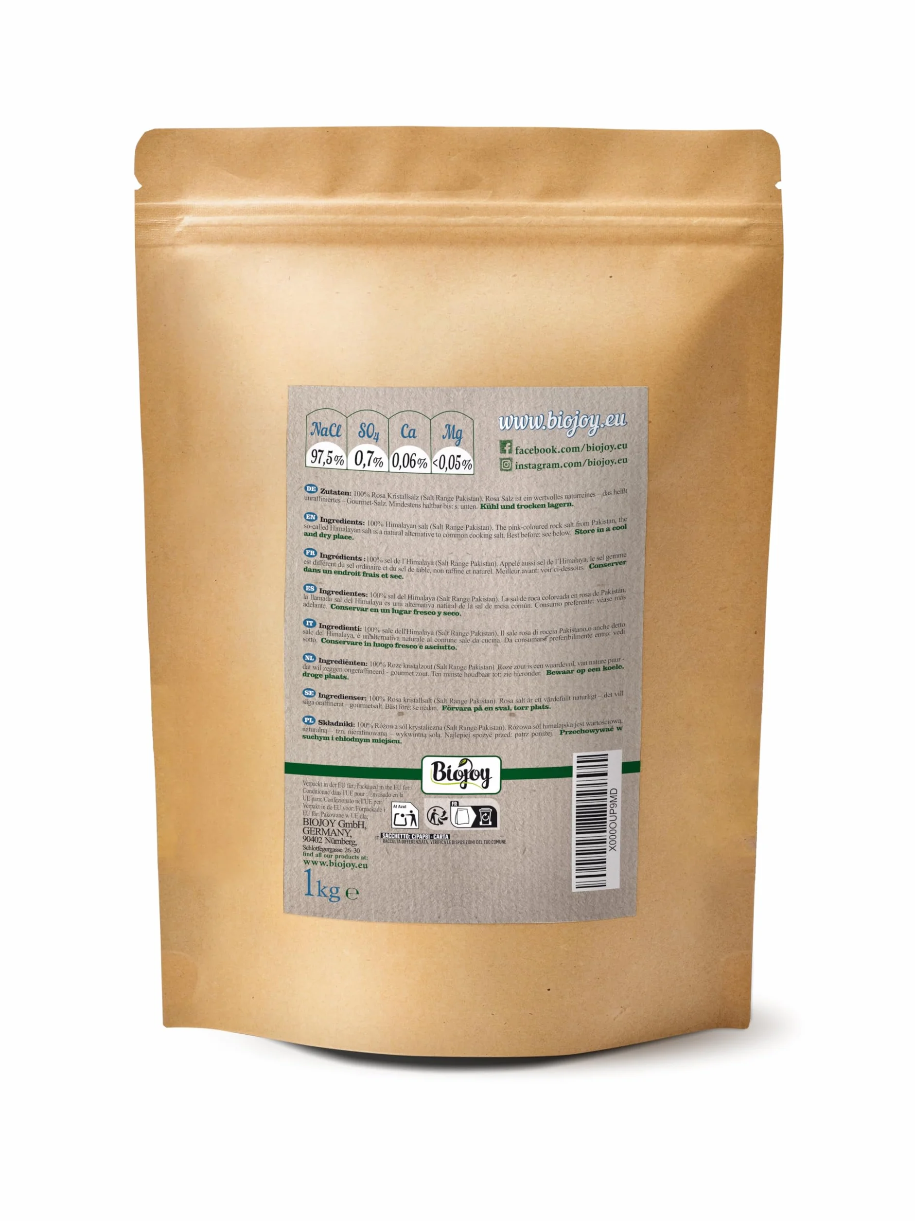 Biojoy Różowa sól (1 kg) gruboziarnista 2-5 mm do młynków do soli, znana jako sól himalajska, Salt Range Pakistan