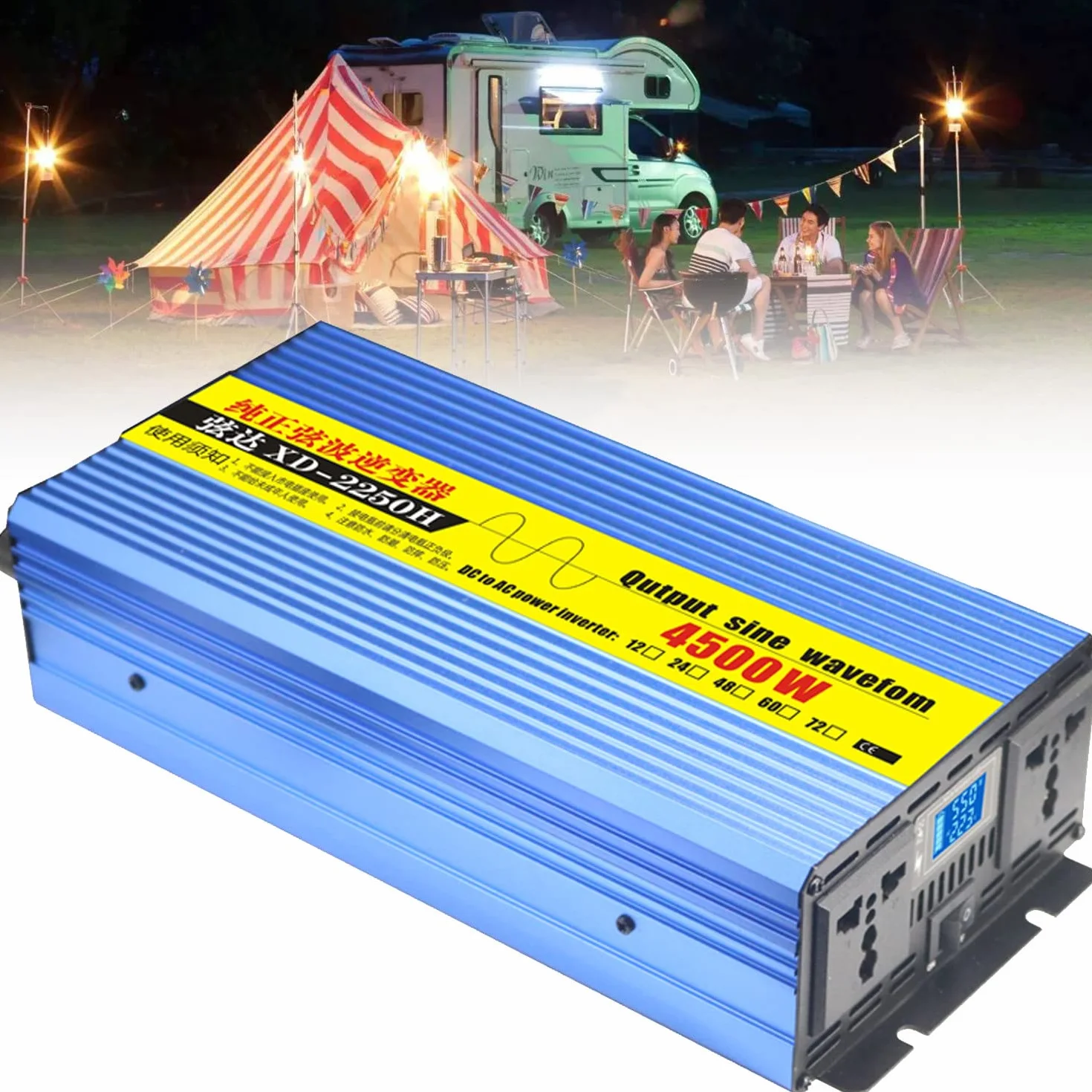 Samochodowy przetwornica sinusoidalna 2600W 3500W 4500W przetwornica napięcia 12V 24V 48V 60V 72V do 230V przetwornica przetwornica przetwornica z gniazdami ue i wyświetlaczem LCD,4500W-12V/24V