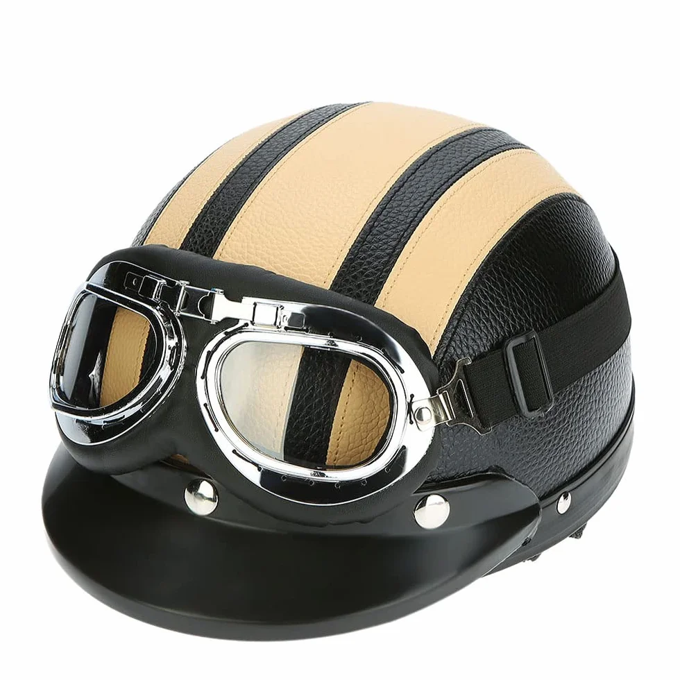 Shkalacar Motocykl Skuter Otwarty Półskórzany kask z wizjerem UV Okulary Retro Vintage Styl 54-60 cm