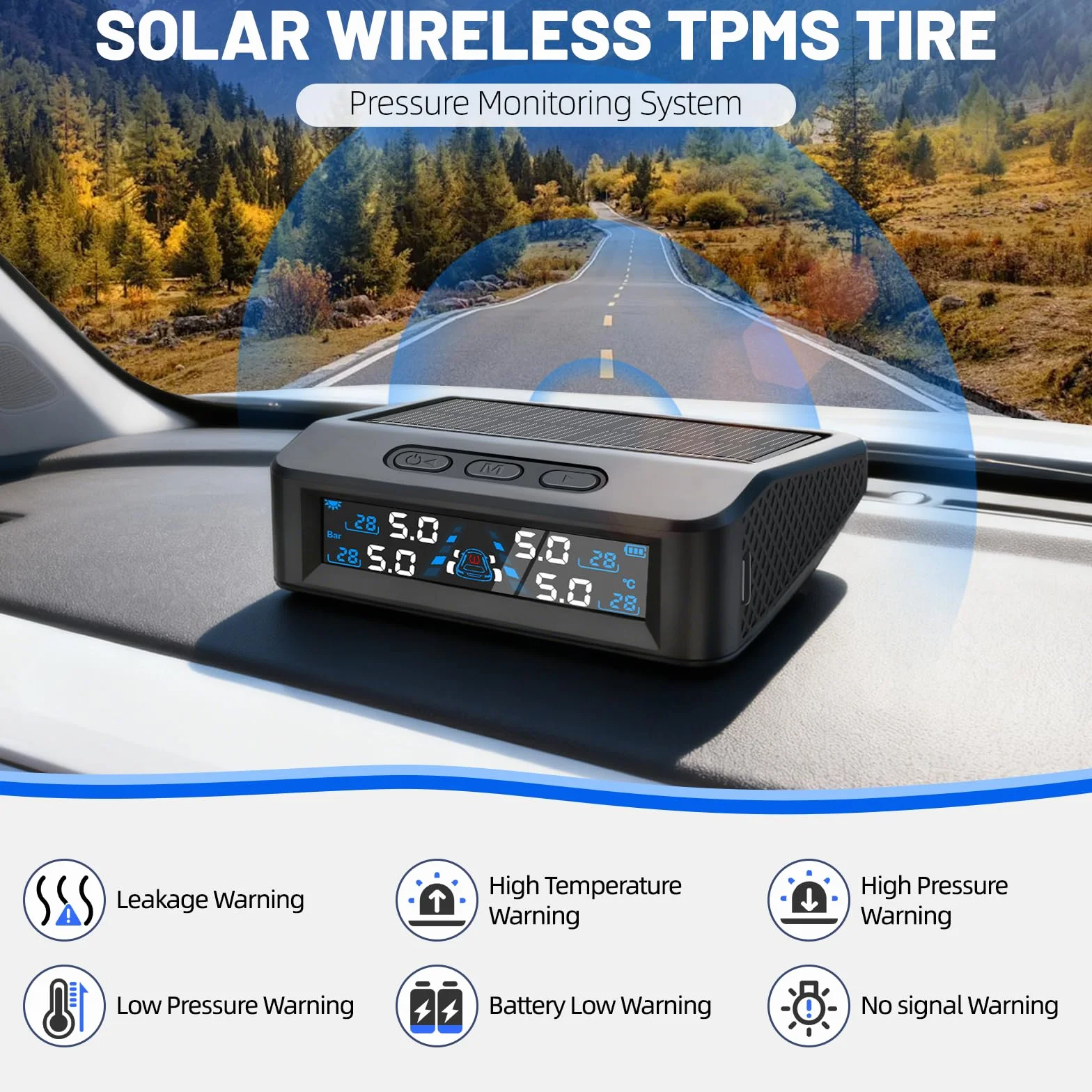 TPMS system monitorowania ciśnienia w oponach, ładowanie energią słoneczną/USB, alarmy w kabinie, alarmy temperatury, do kampera, sedana, SUV, MPV, przyczepy, motocykla itp., 4 czujniki