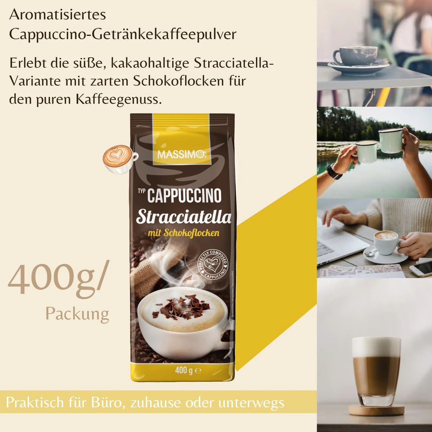 Massimo Cappuccino Stracciatella z płatkami czekolady 10 x 400 g/aromatyzowany proszek do napojów z rozpuszczalną kawą fasolową i płatkami czekolady mlecznej