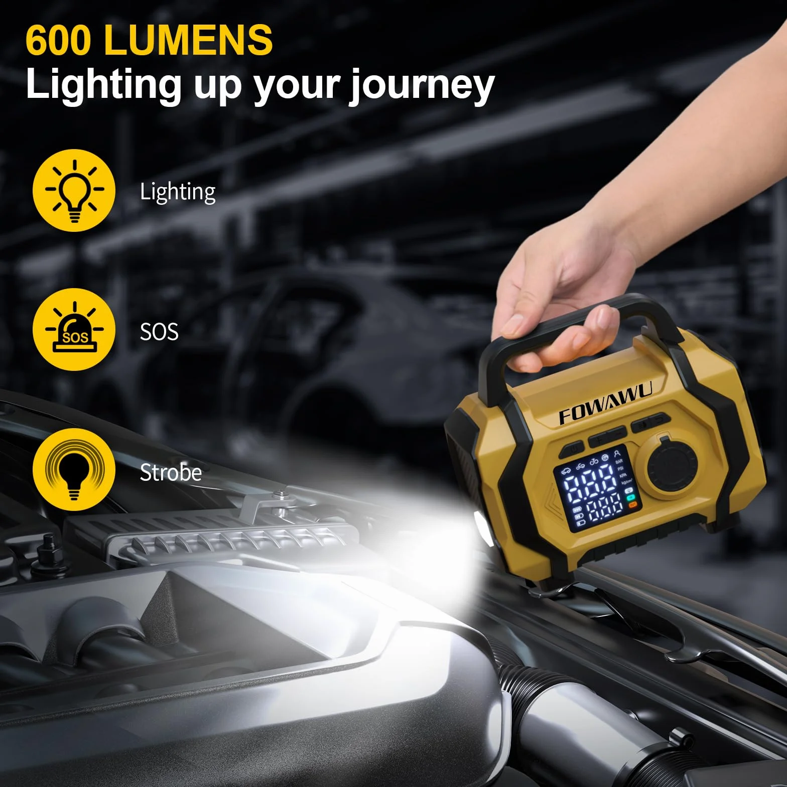 The FOWAWU 8000 A Powerbank combines the functions of an air compressor and a car jump starter, capable of reaching pressures of up to 150 PSI
