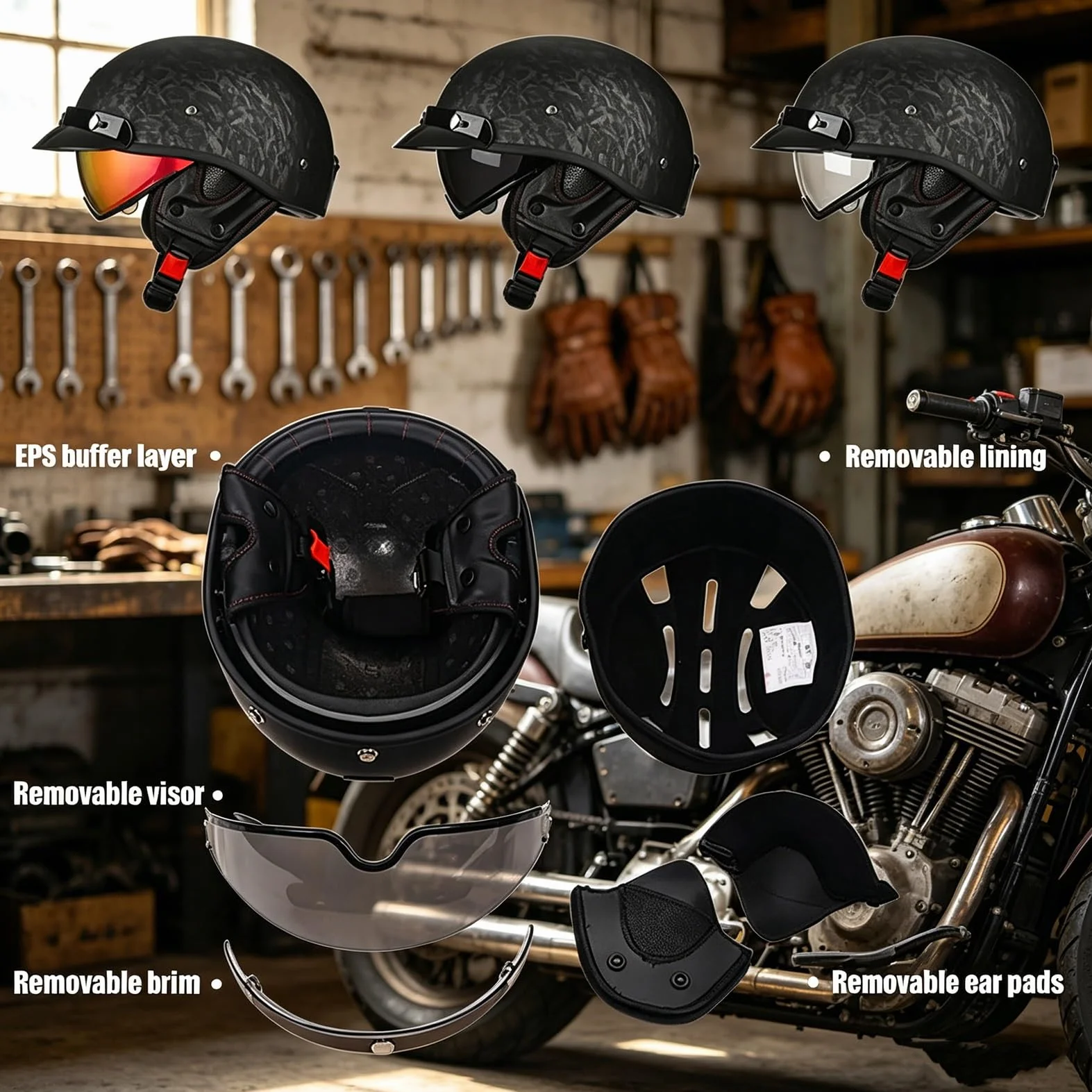 Kask Motocyklowy Jet z Homologacją ECE R22.06, Retro Orzeszek Vintage z Wbudowaną Blendą Przeciwsłoneczną dla Kobiet i Mężczyzn, DOT Legalny na Drogi dla Skutera, Maska w Zestawie