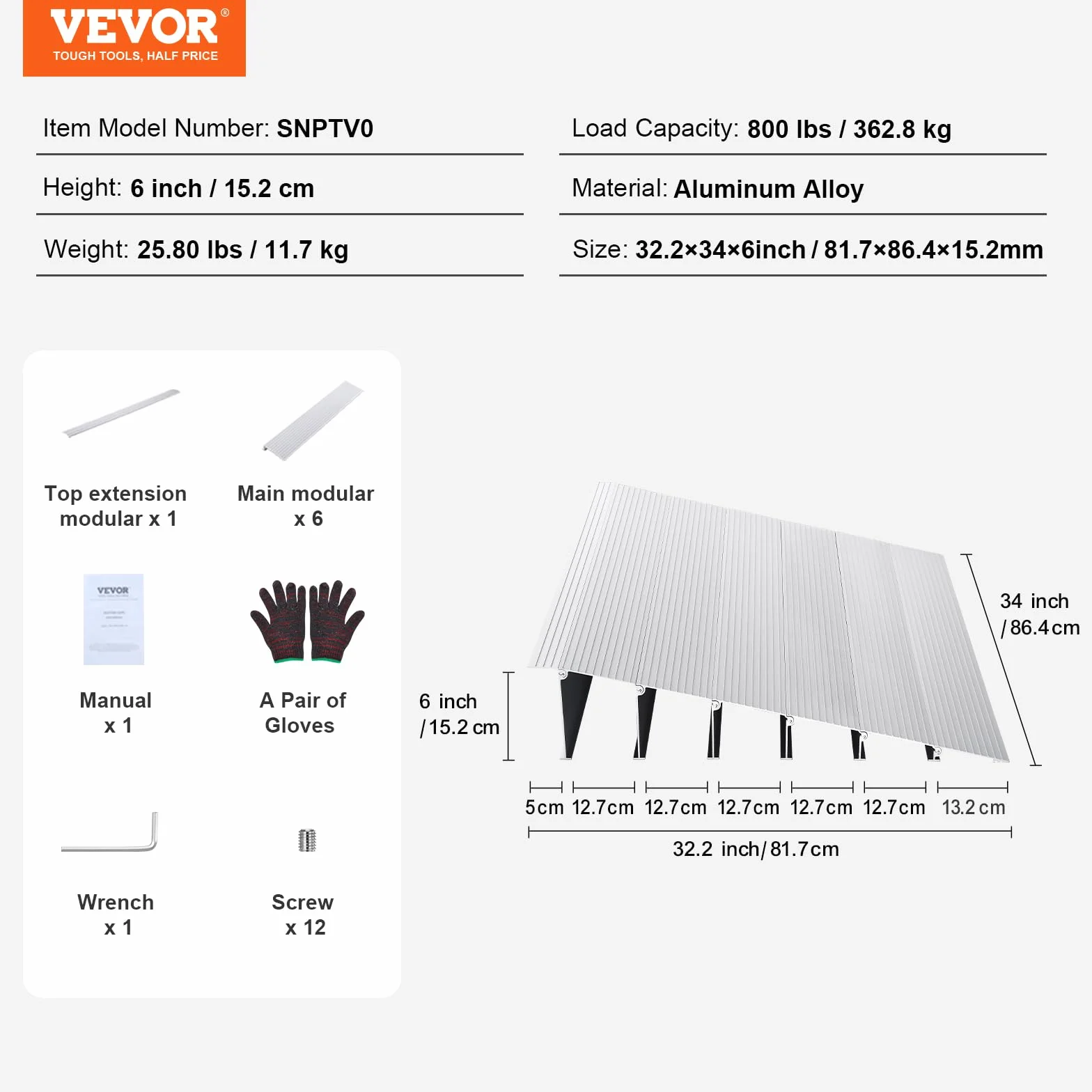 VEVOR Rampa progowa wysokość 15,2 cm, poręcz do wózków inwalidzkich, nośność 362,8 kg, aluminiowa regulowana rampa modułowa do wózków inwalidzkich, skuterów, wózków elektrycznych