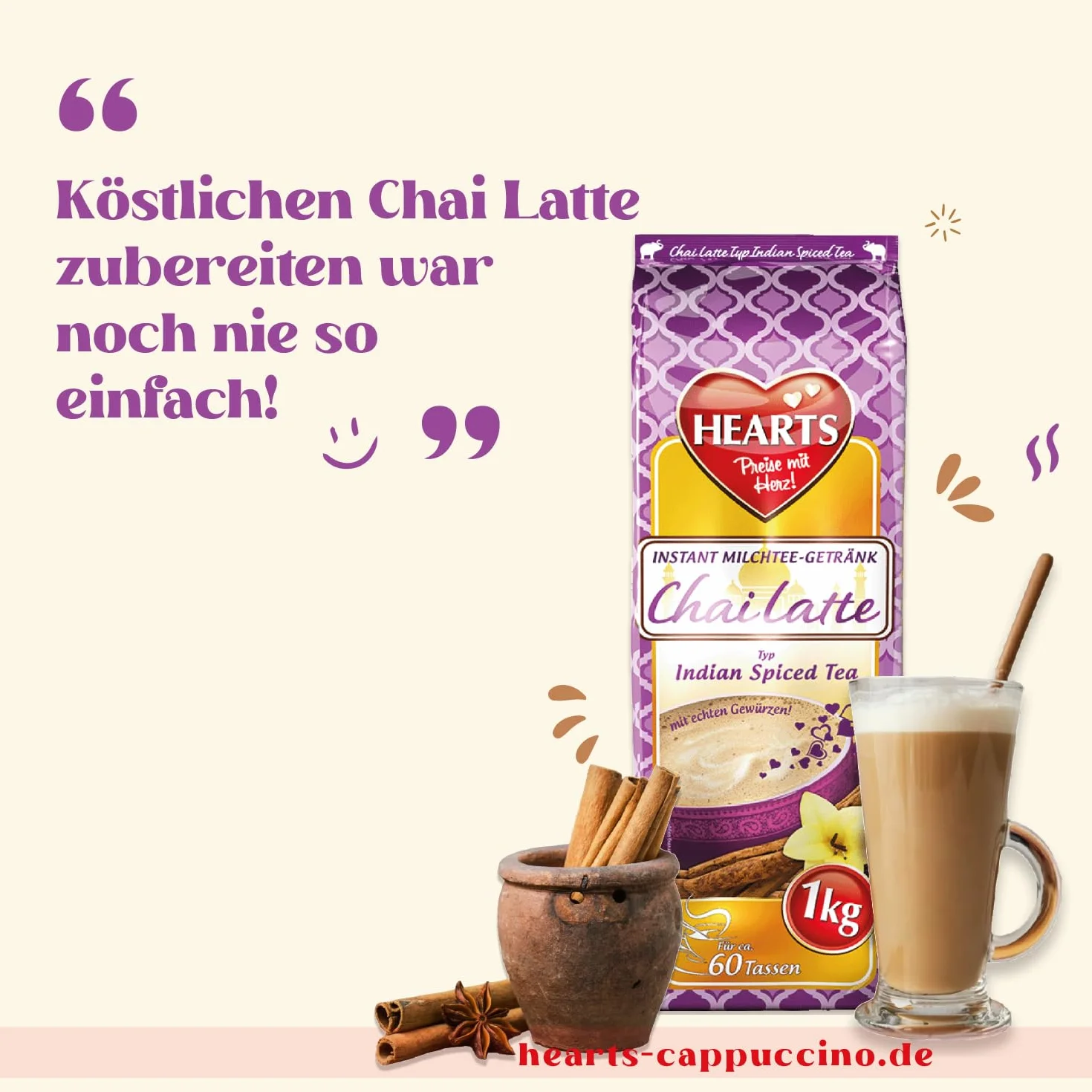 HEARTS Chai Latte natychmiastowa herbata mleczna w proszku 1 kg, 60 filiżanek