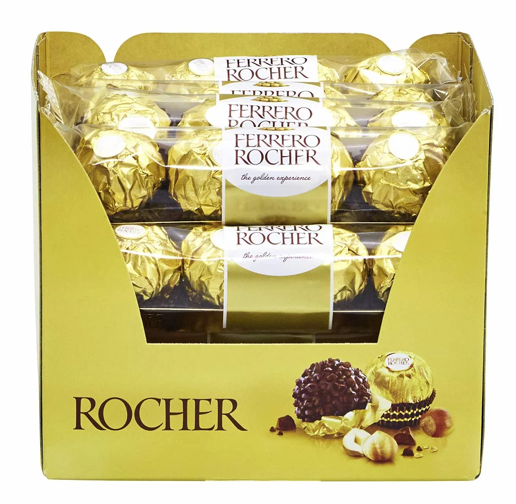Ferrero Rocher - ekspozycja lady z 16 opakowaniami po 4 pojedynczych pralinek, pralinki orzechowe z chrupiącego wafla, delikatna czekolada mleczna i delikatny krem orzechowy - wypełnienie