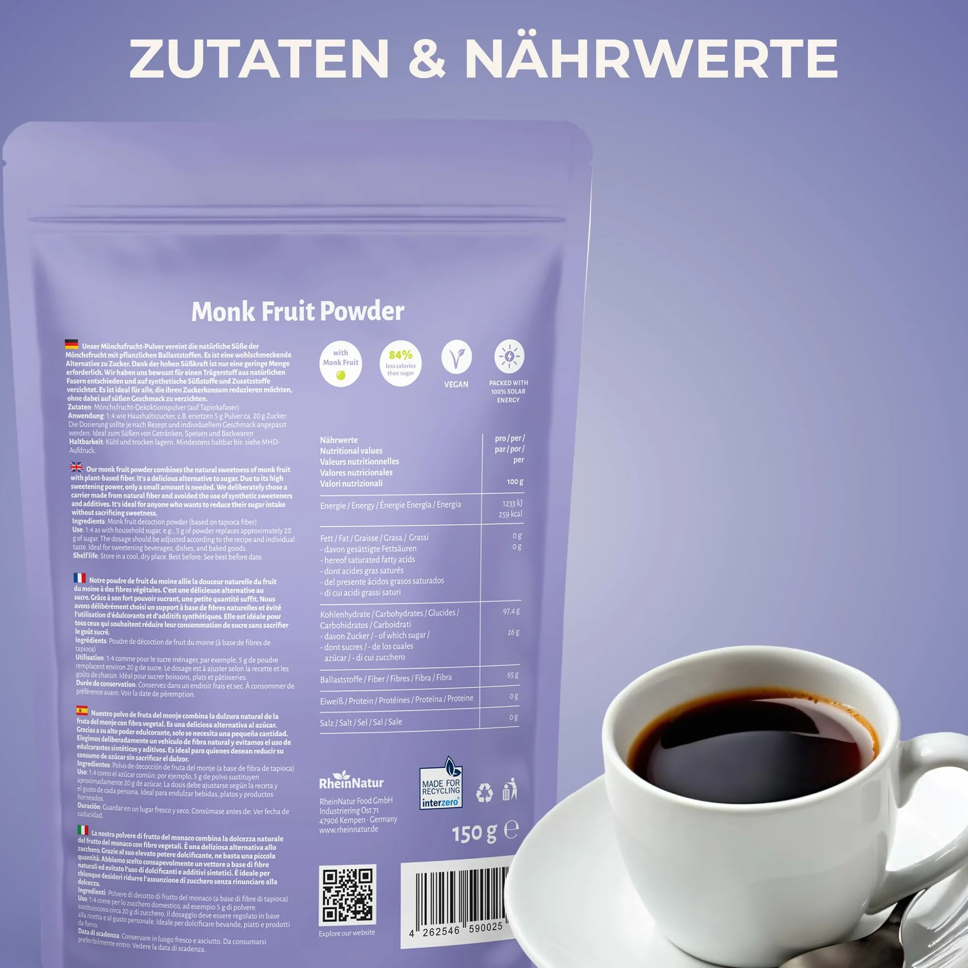 RheinNatur Proszek z owoców mnicha 150 g naturalny substytut cukru bez cukru wegański niskokaloryczny