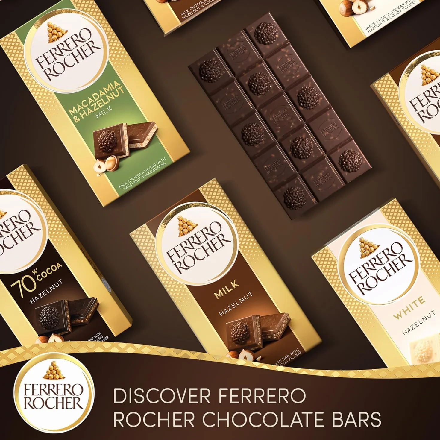 Ferrero Rocher batonik z ciemną czekoladą i orzechami laskowymi, batoniki czekoladowe, 55% ciemnej czekolady z chrupiącymi pełnymi orzechami laskowymi i nadzieniem kakaowym, (90 g)