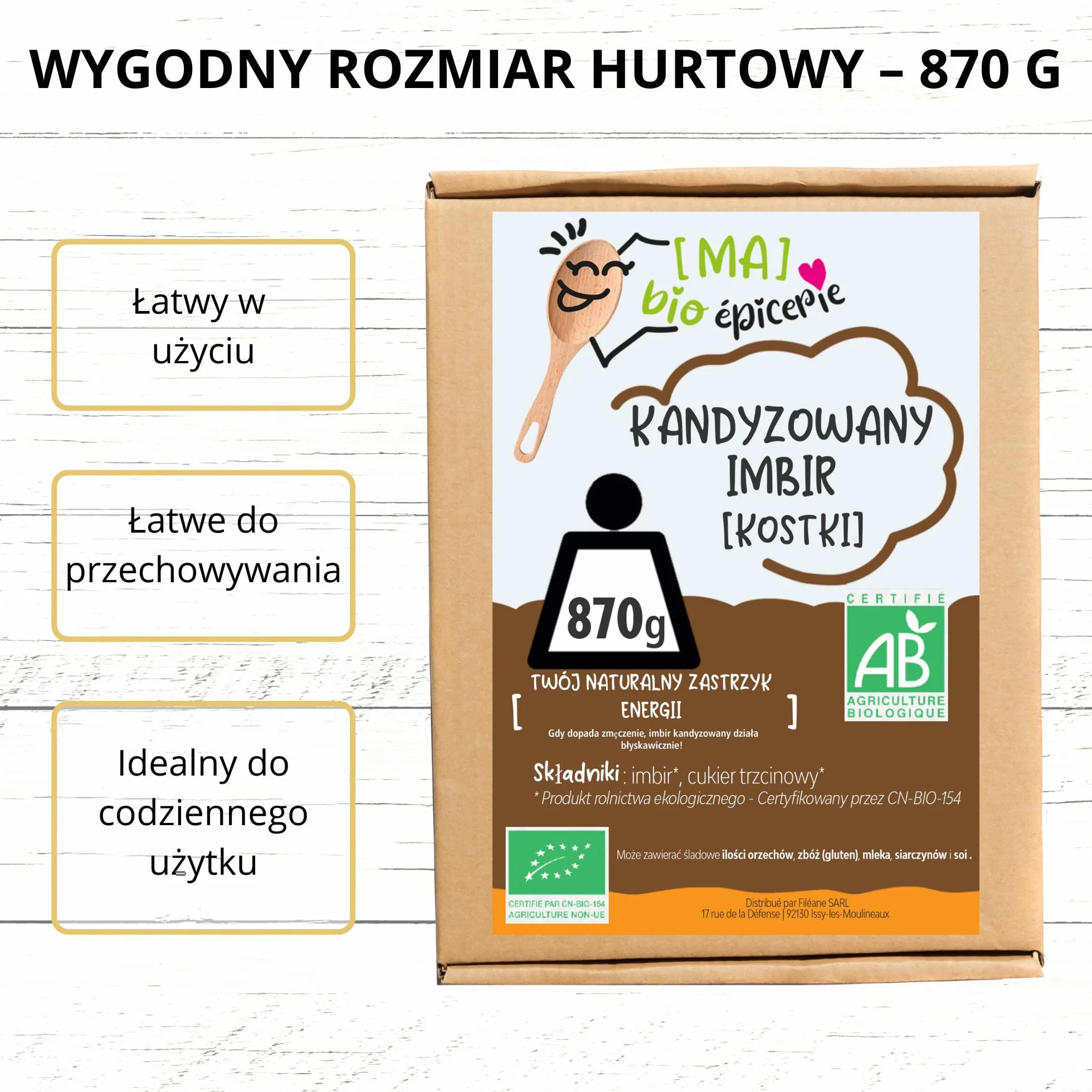 [MA] bio-épicerie | Ekologiczny kandyzowany imbir w kostkach bio| 940G | Pakowany luzem | Certyfikat bio | Owoce kandyzowane najwyższej jakości | Bez środka konserwującego