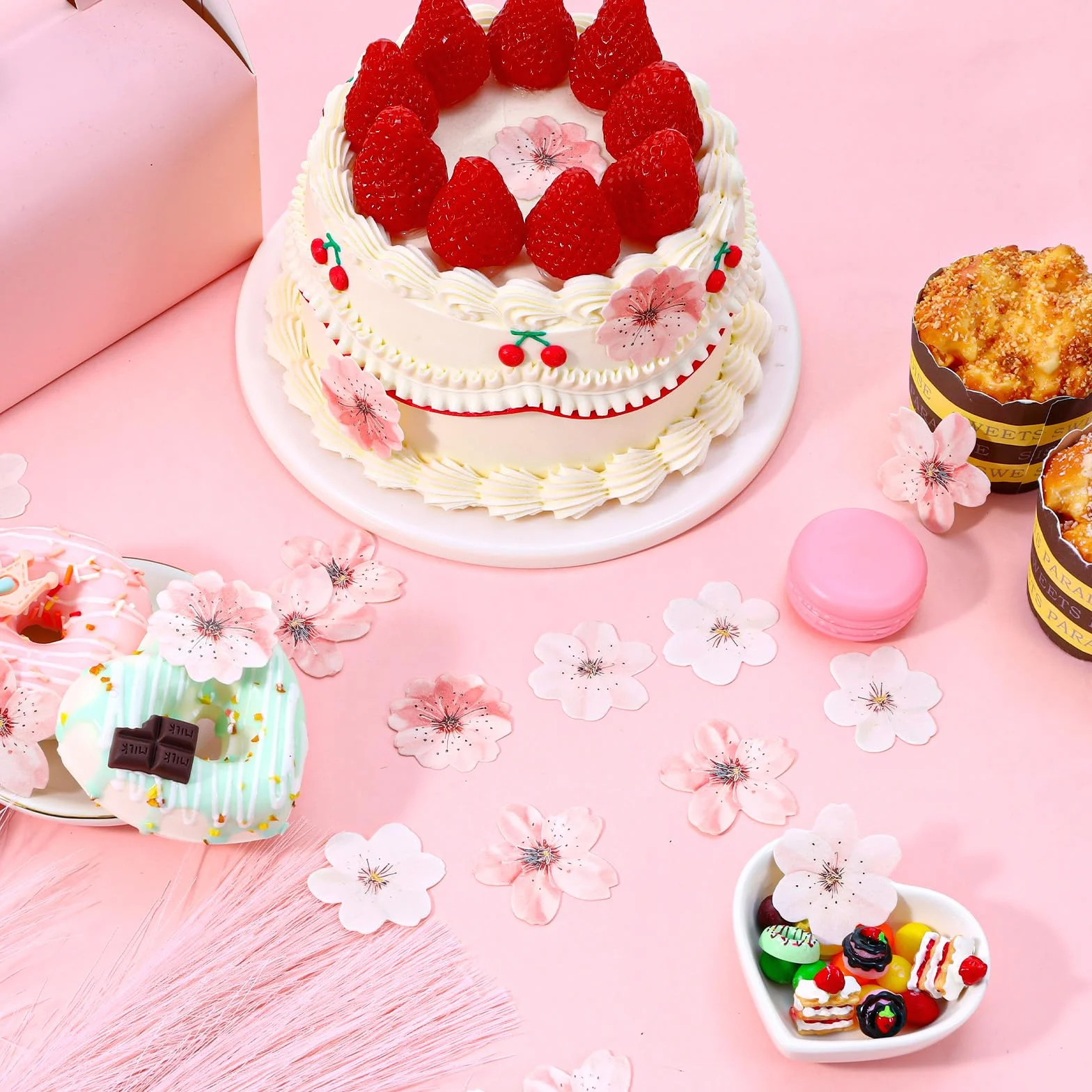 Jadalne ozdoby na babeczki z kwiatami wiśni, jadalne kwiaty wiśni, dekoracje, ciasto, papierowe, kwiaty, babeczki, na ślub, baby shower, przyjęcie urodzinowe, materiały rocznicowe, 75 szt