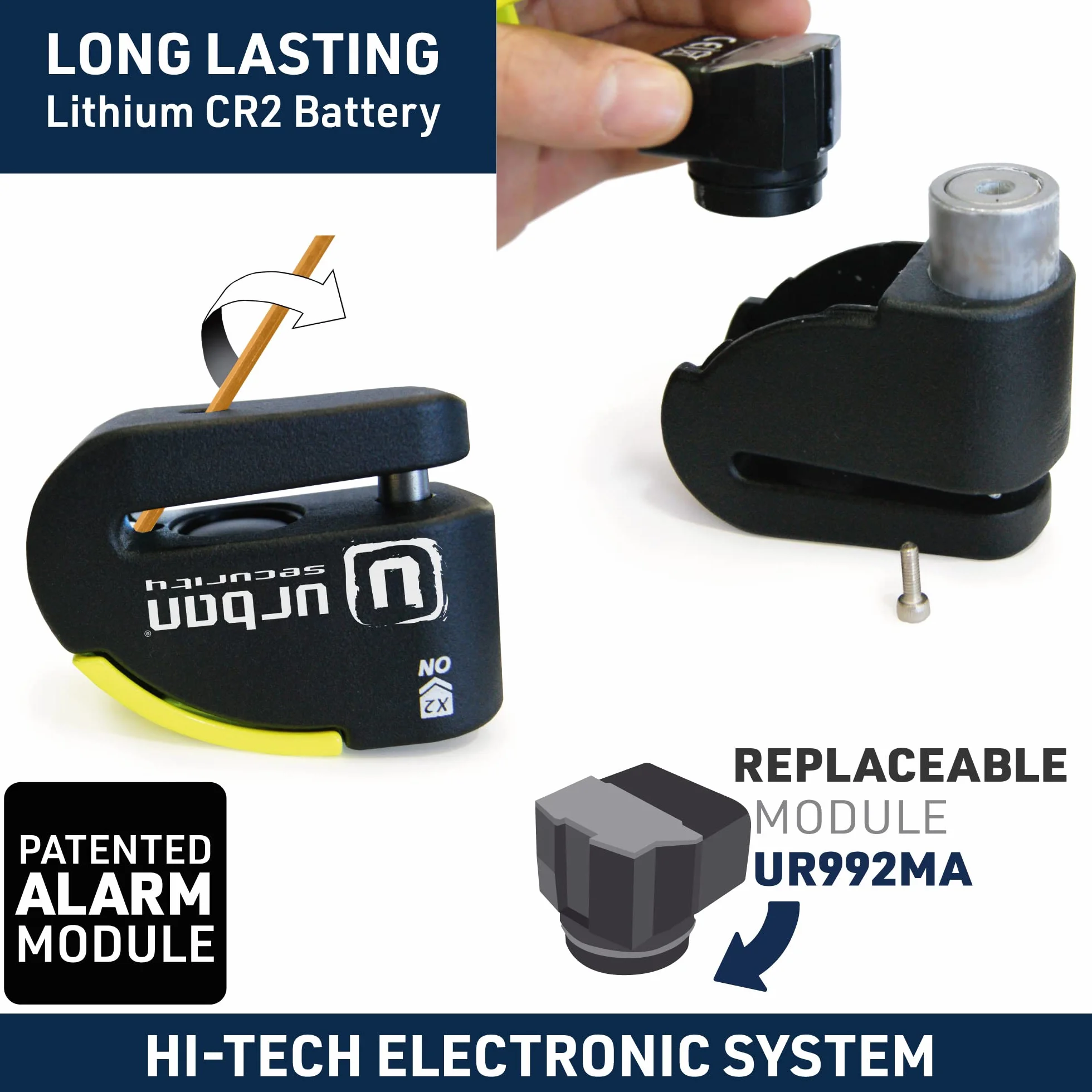 Urban UR10 Blokada Dysku Alarmowego Anti-Theft Disc Lock z alarmem 120 dB + ostrzeżenie, certyfikat High Security CLASSE SRA, wałek 10 mm, wyprodukowano w UE