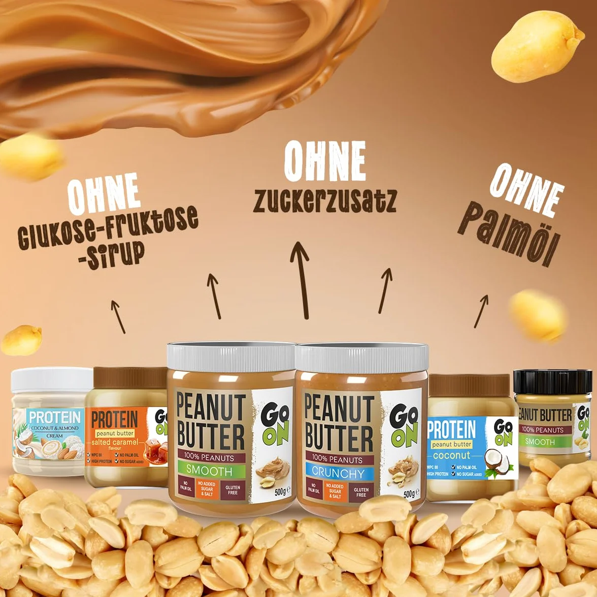 GO ON - Chrupiące masło orzechowe, bez cukru i oleju palmowego, Crunchy, 6 x 500g, Naturalne masło orzechowe, 100% Orzechów ziemnych, bez dodatku soli