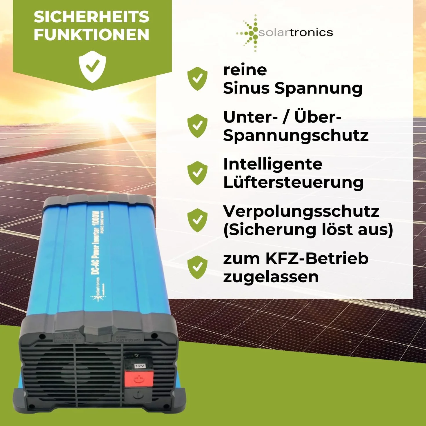 Solartronics Konwerter napięcia FS1000D 12 V 1000/2000 W, czysty sinus niebieski, z wyświetlaczem falownik serii FS