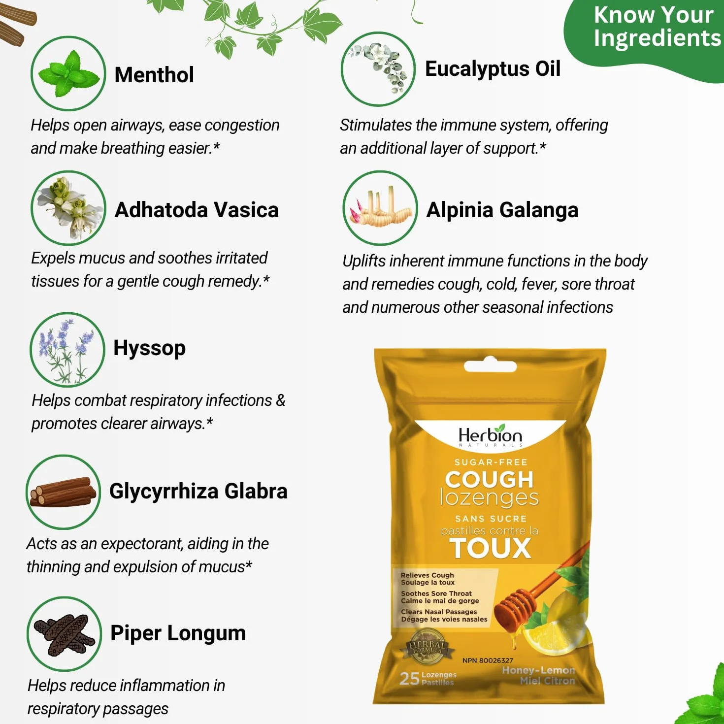 Herbion Naturals Krople na kaszel bez cukru o naturalnym smaku miodowo-cytryny, 25 sztuk, szybka pomoc w przypadku kaszlu, bólu gardła i zaparcia nosa, dla dorosłych i dzieci od 12 lat