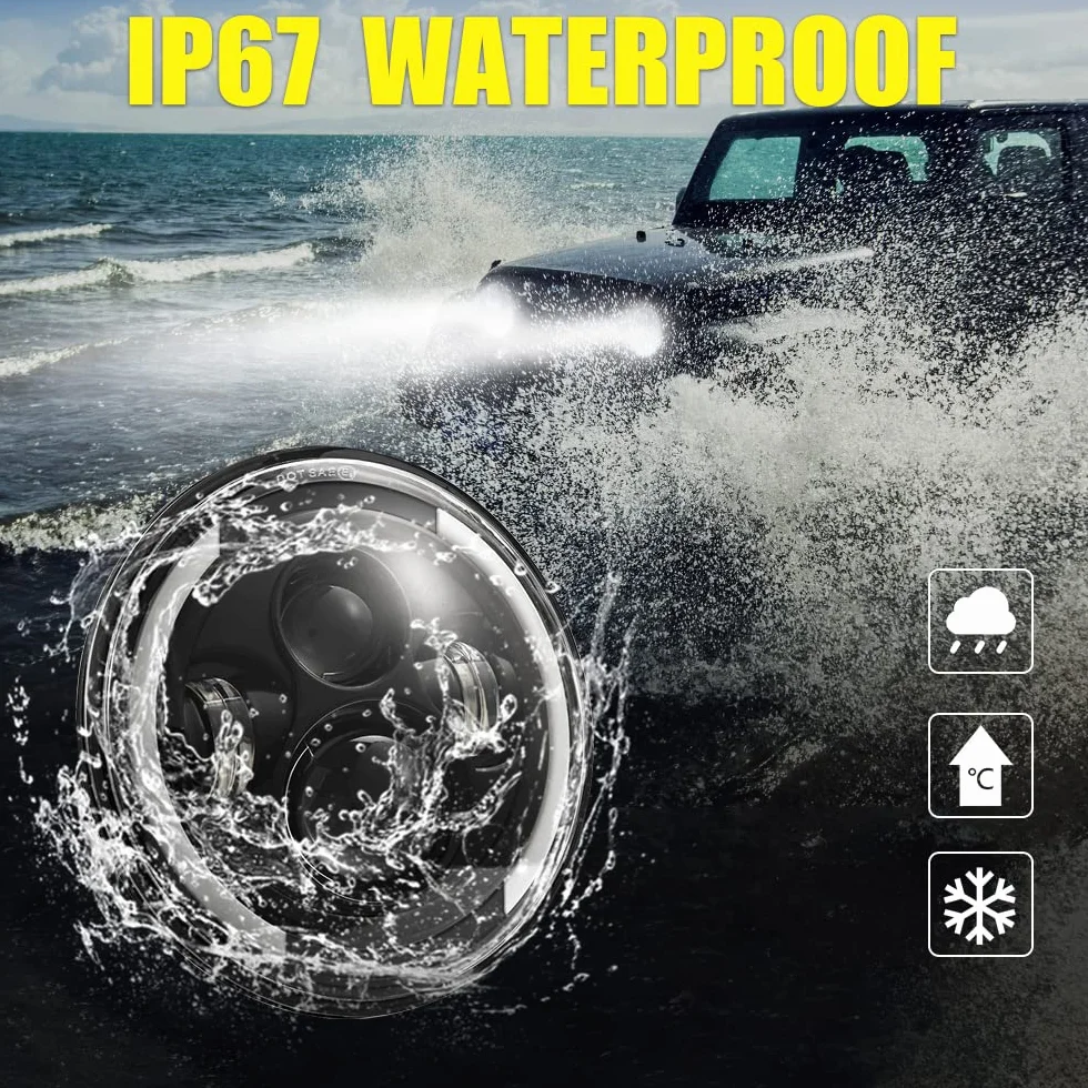 Para reflektorów LED 100W10 000lm, 4 soczewki Angel Eyes 3000K + 6000K 4 tryby oświetlenia okrągłe, tryb offroad ogień krzyż DRL hi-lom