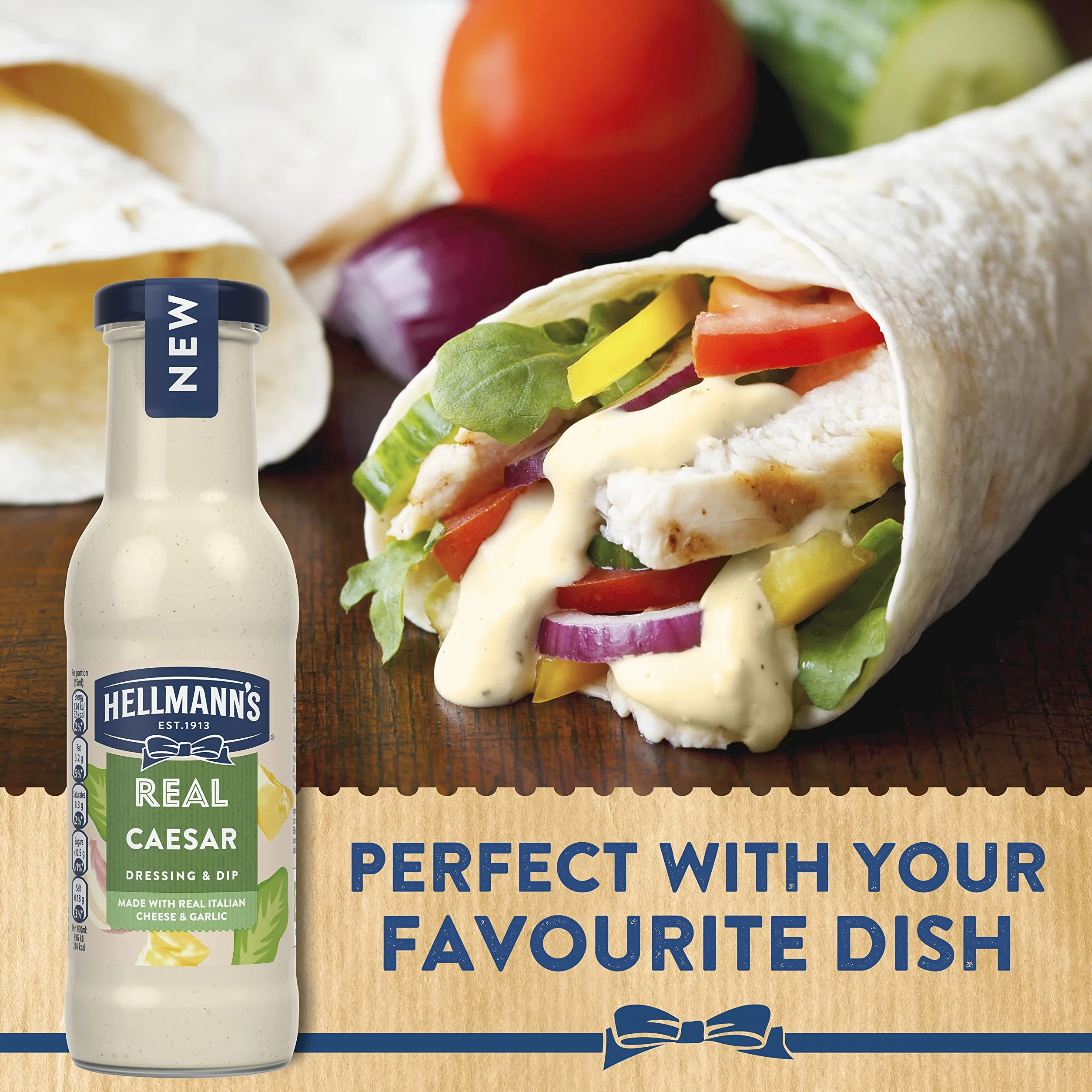 Hellmann's Real Caesar Salad Dressing & Dip wegetariańska przyprawa wolna od sztucznych barwników i aromatów do sałatek, kanapek, burgerów i dipów, 250 ml
