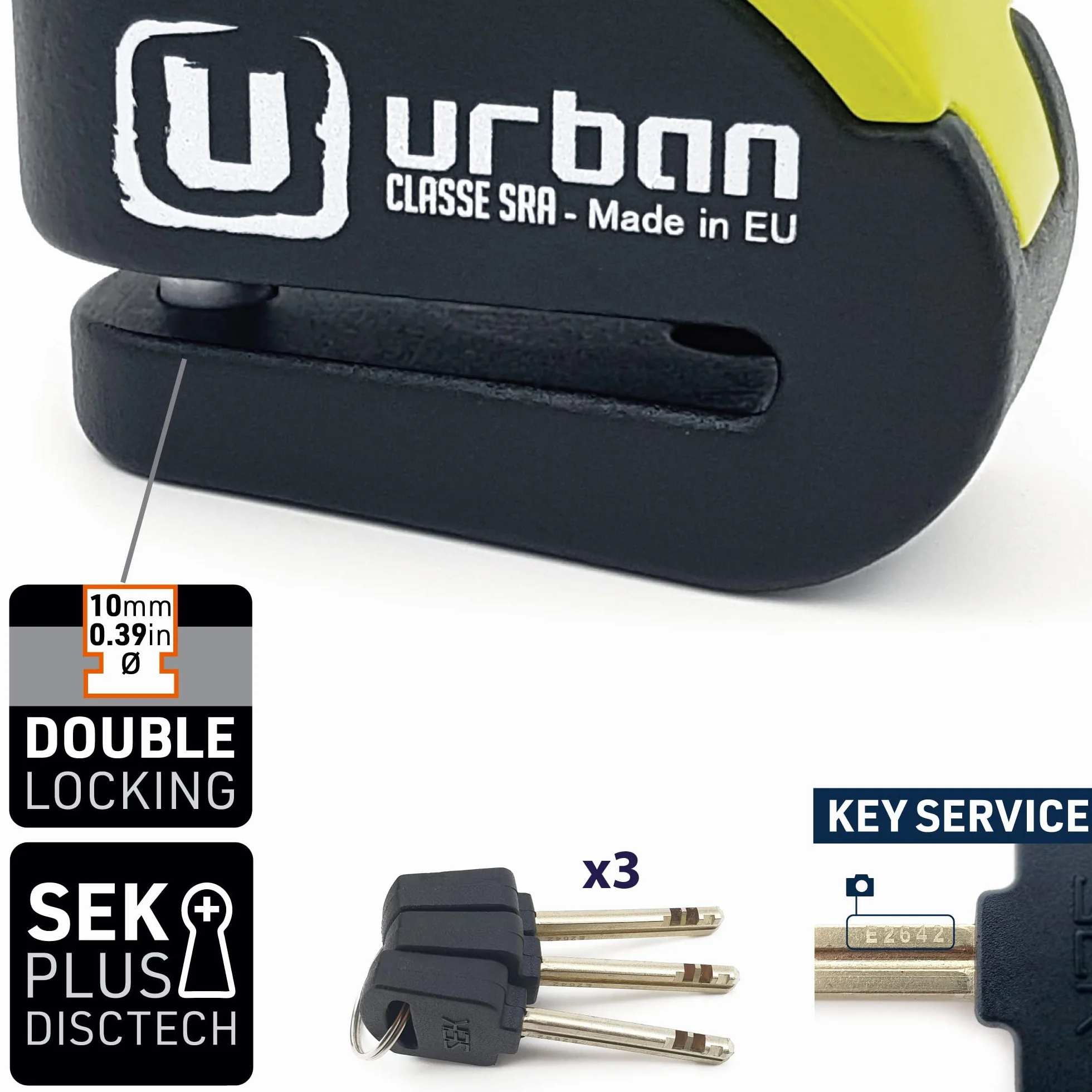 Urban UR10 Blokada Dysku Alarmowego Anti-Theft Disc Lock z alarmem 120 dB + ostrzeżenie, certyfikat High Security CLASSE SRA, wałek 10 mm, wyprodukowano w UE