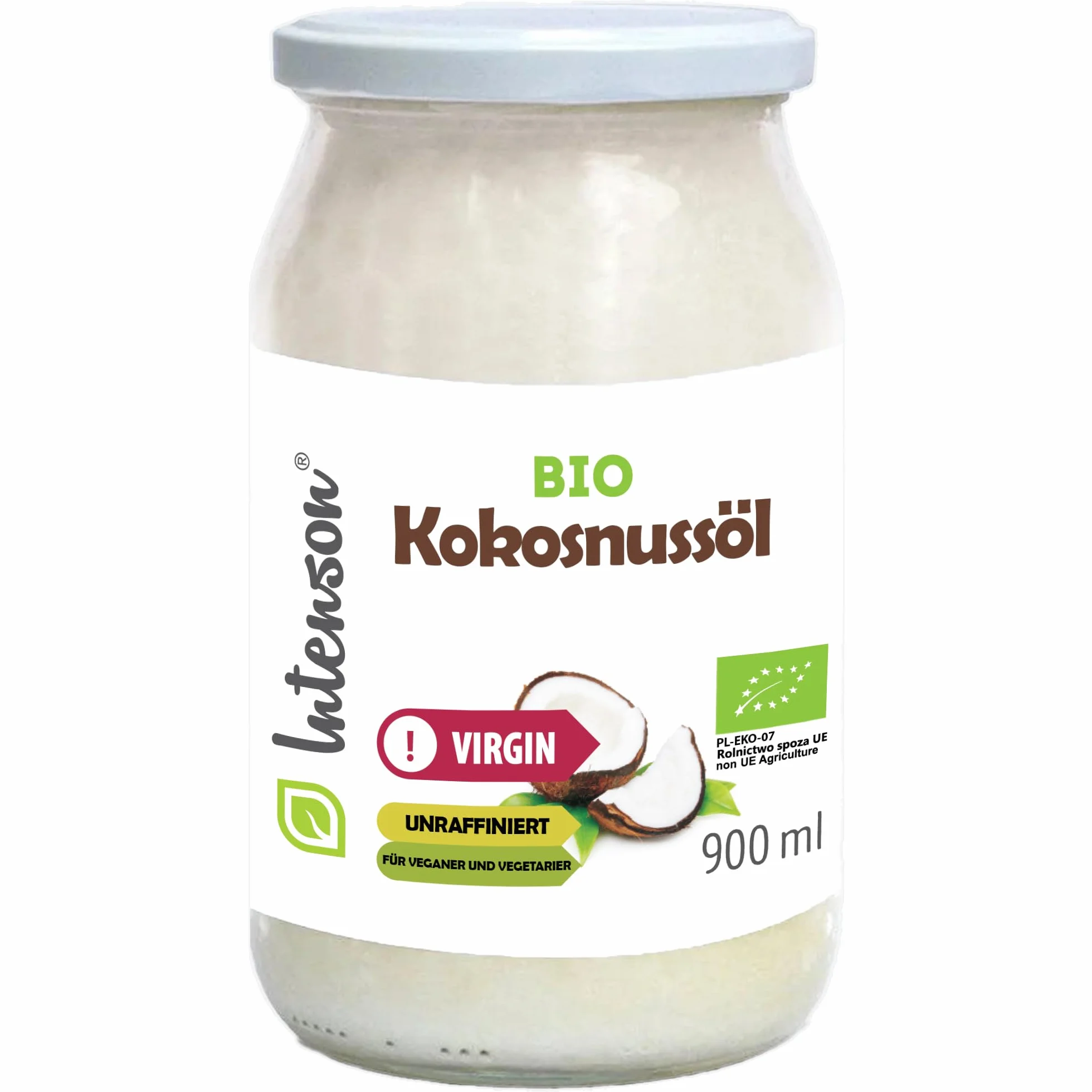 Intenson Organiczny Olej Kokosowy z pierwszego tłoczenia 900 ml Tłoczony na zimno Nierafinowany Wegański