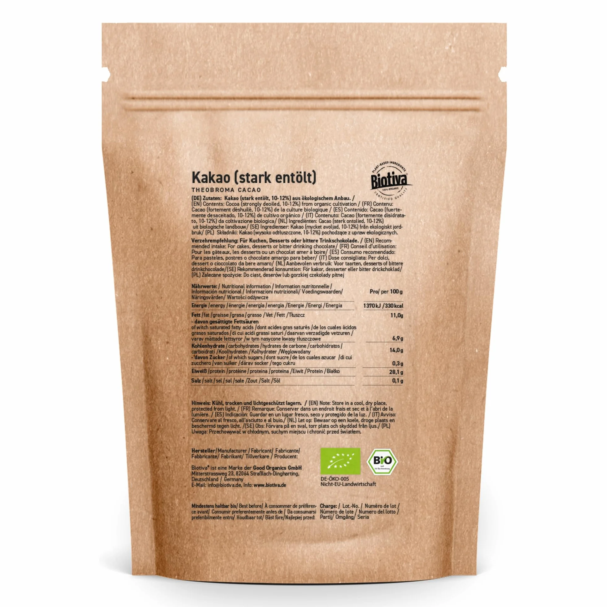 Biotiva kakao w proszku organiczne 300 g 100% czyste mocno odtłuszczone 11% tłuszczu bez dodatków
