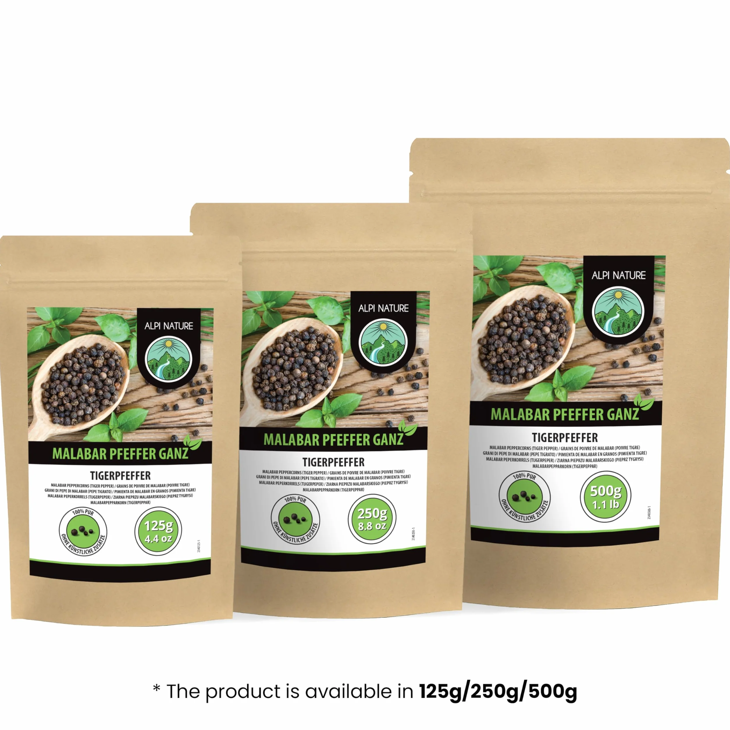 Alpi Nature Pieprz Malabarski 250g, Premium Czarne Ziarna Pieprzu, Pieprz Tygrysi Malabar