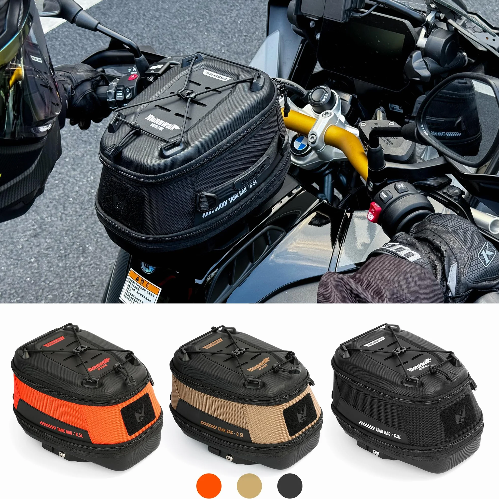 Rhinowalk Torba na zbiornik motocyklowy, 5 l - 6,5 l, z mocnym magnetycznym zapięciem magnetycznym, z osłoną przeciwdeszczową, pasuje do Harley Davidson, Indian, Honda, Yamaha, Suzuki i innych, czarna