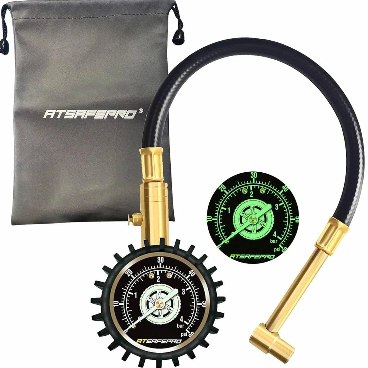 Manometr do opon 60 PSI, manometr do opon motocyklowych ATsafepro z elastycznym wężem kątowym 90 stopni, analogowy manometr do samochodów, motocykli, rowerów