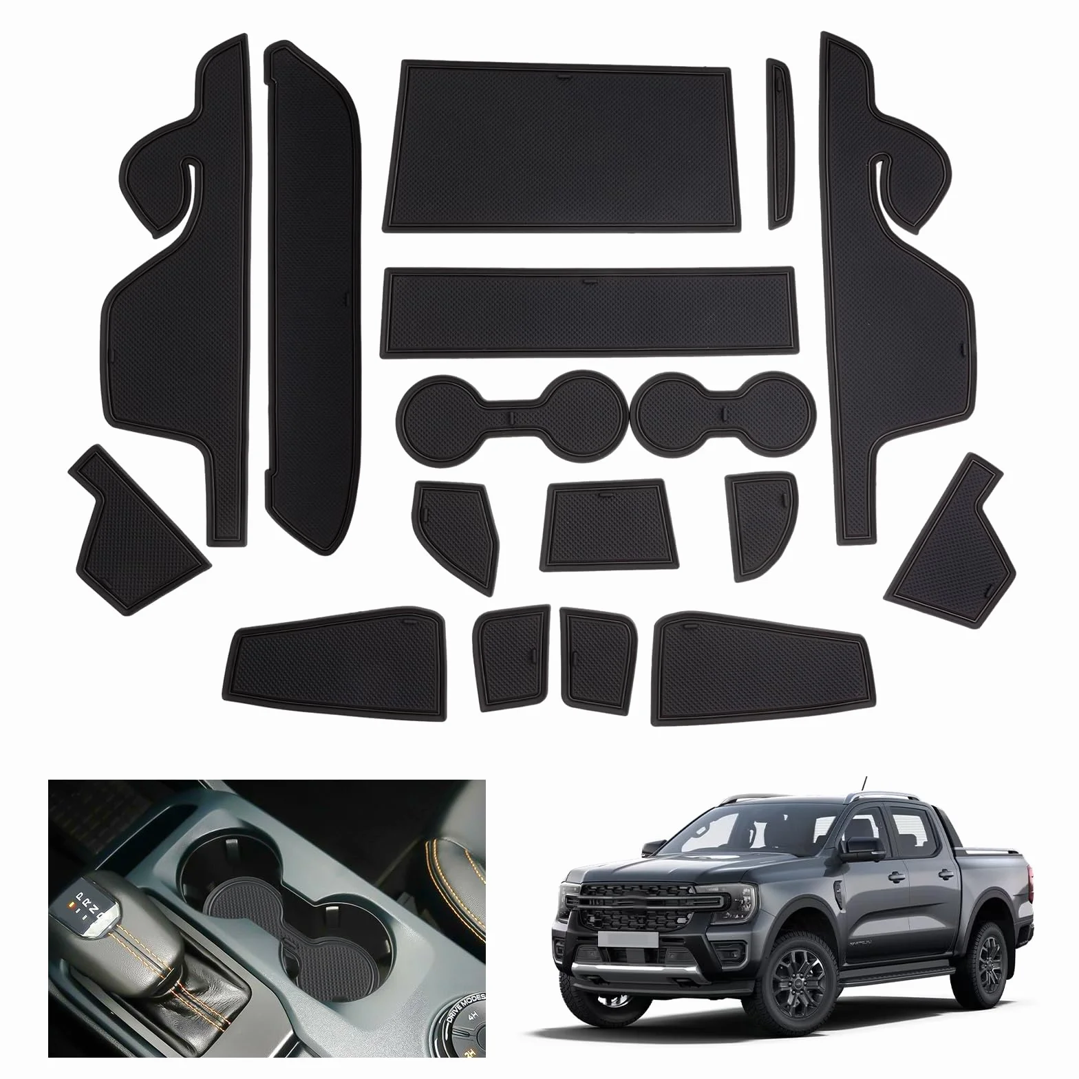 GAFAT Kompatybilne z Ford Ranger T9 2023 2024 (Hamulec Elektroniczny), Maty Antypoślizgowe, Ranger Raptor Wildtrak, do Konsoli Środkowej, Szew