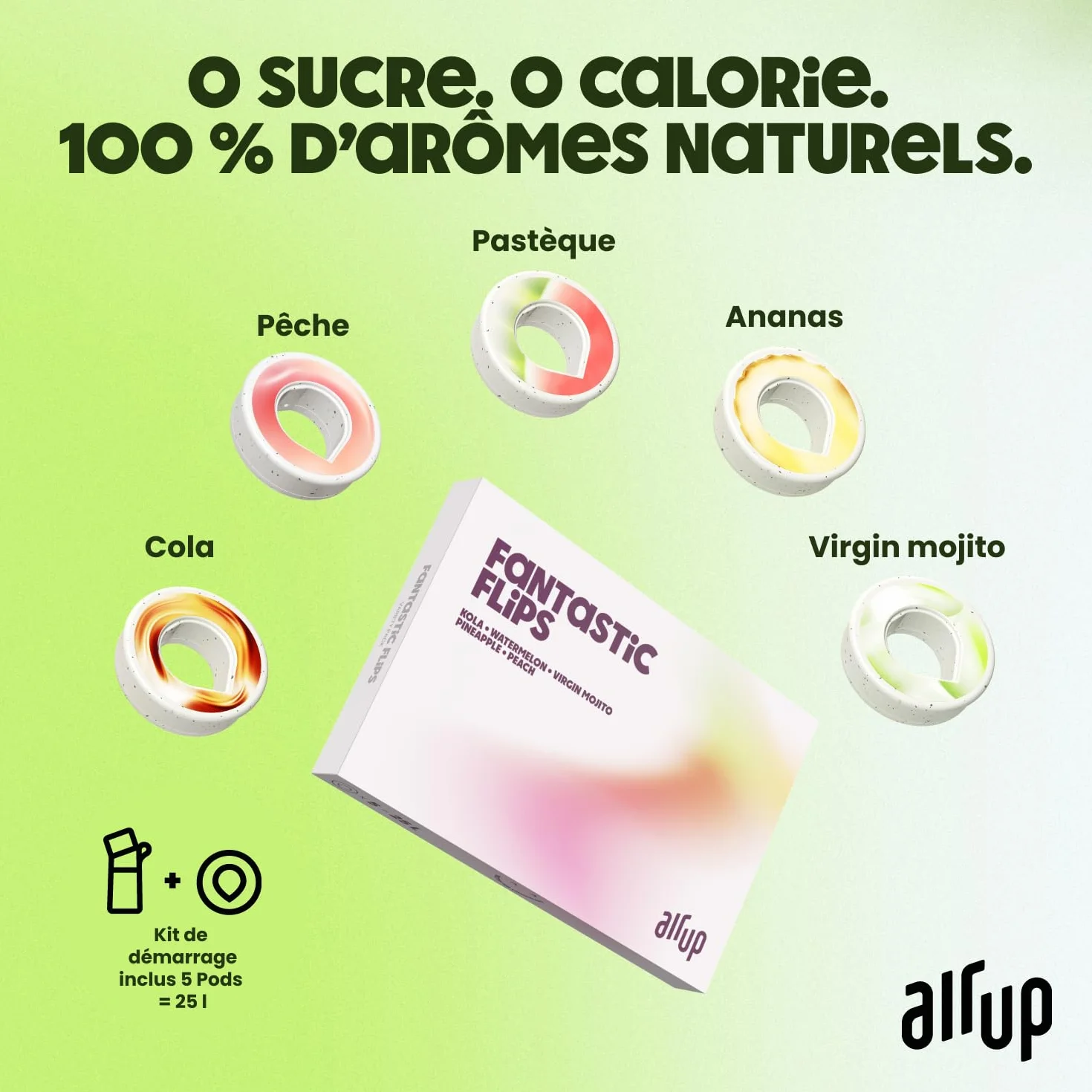 AIR UP® butelka na wodę Click Turtle Zielony zestaw startowy z wkładami w 5 smakach | 600ml butelka na napoje z bezcukrowym smakiem | odporna na zmywarkę, bez BPA