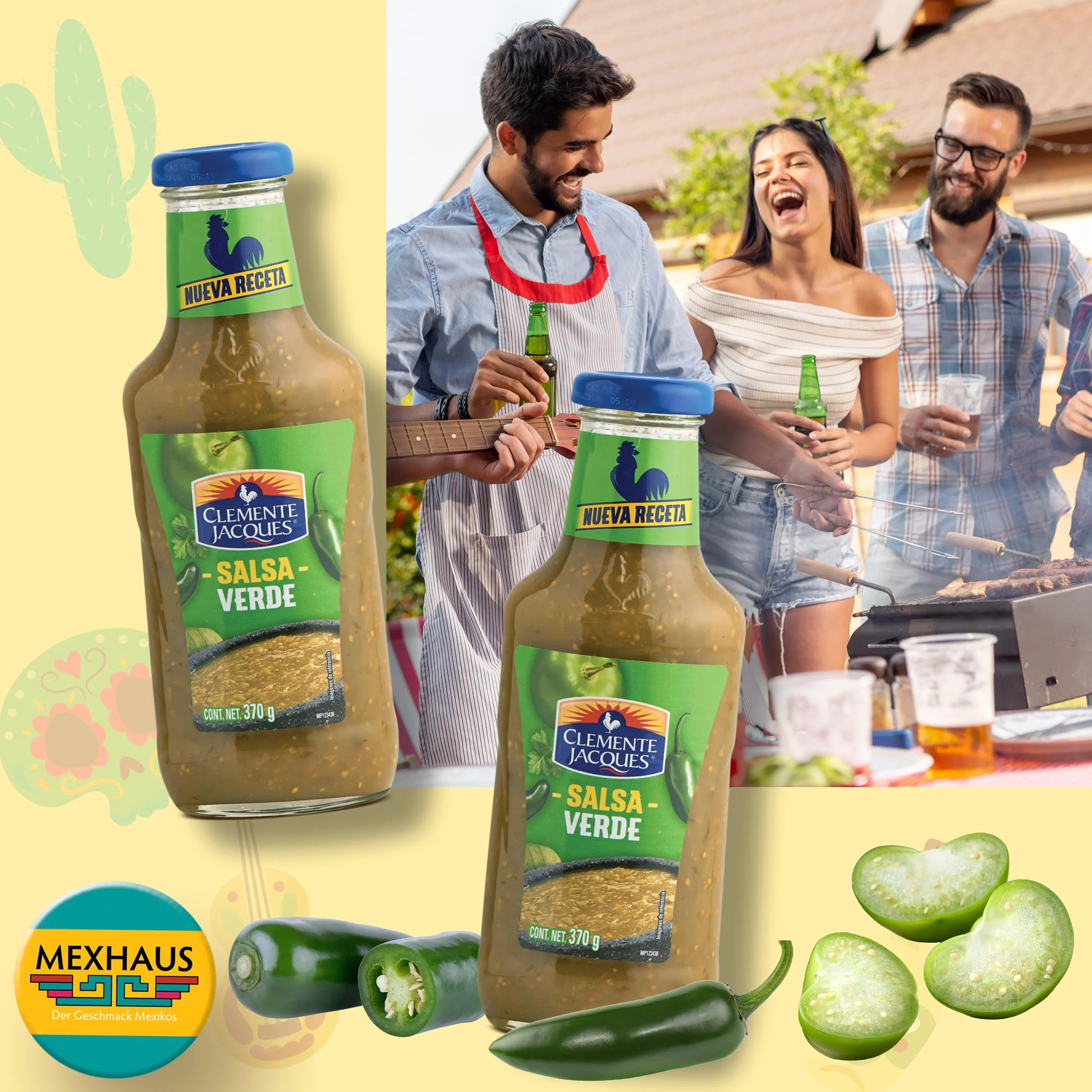 Set ostrych sosów Salsa Verde - (opakowanie 2) Zielony sos z ostrą papryką chili z pomidorami z Meksyku Clemente Jacques plus Lollipop Takis Fuego