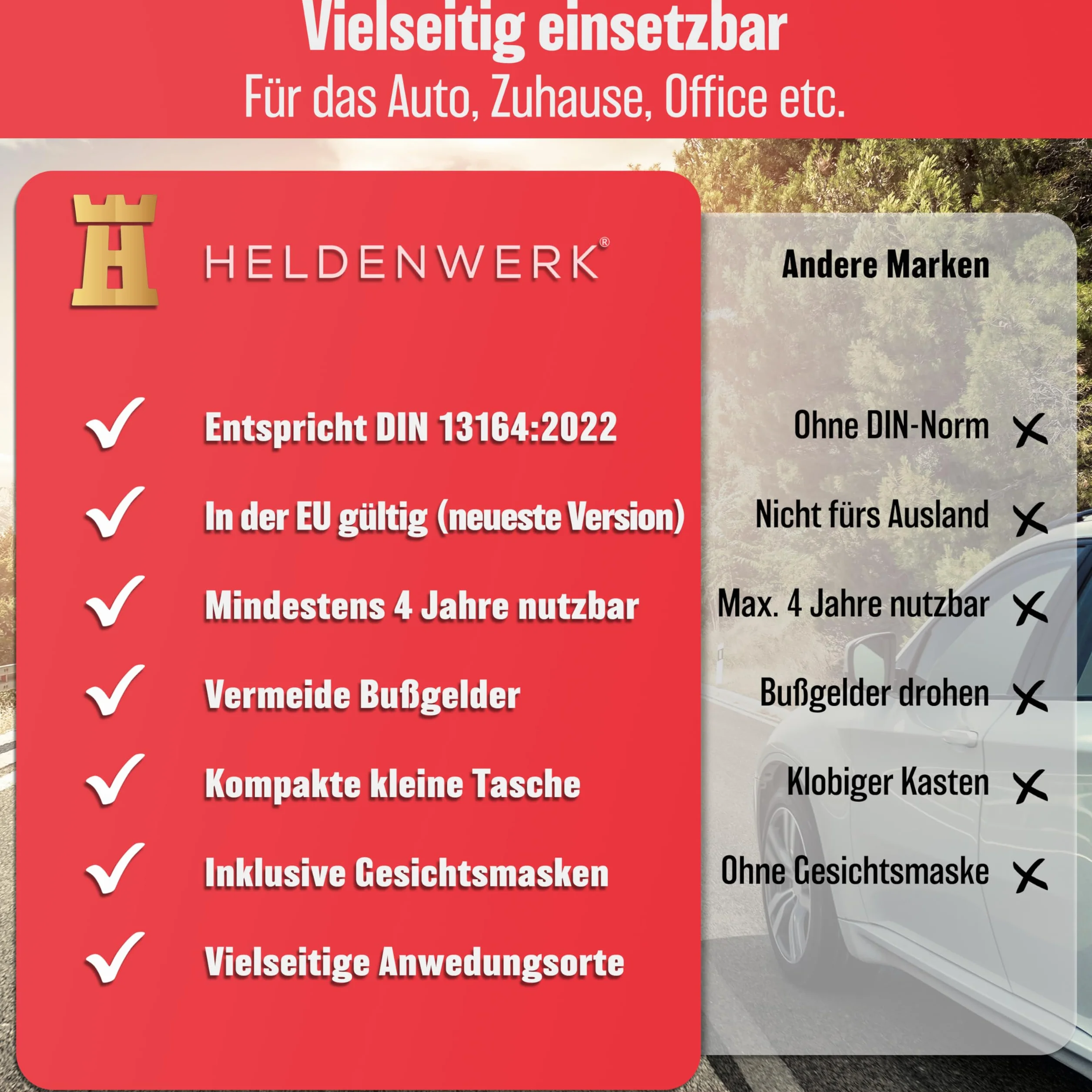 HELDENWERK Apteczka samochodowa pierwszej pomocy DIN 13164 certyfikat