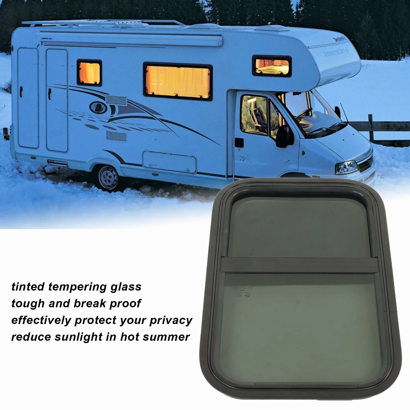 RV Window Replacement, 590x390mm Pionowe Poziome Przesuwne Przyciemniane Szkło Hartowane Okno do Przyczepy Okno do Kampera Zaokrąglone Okna Przesuwne do Pojazdów Inżynieryjnych