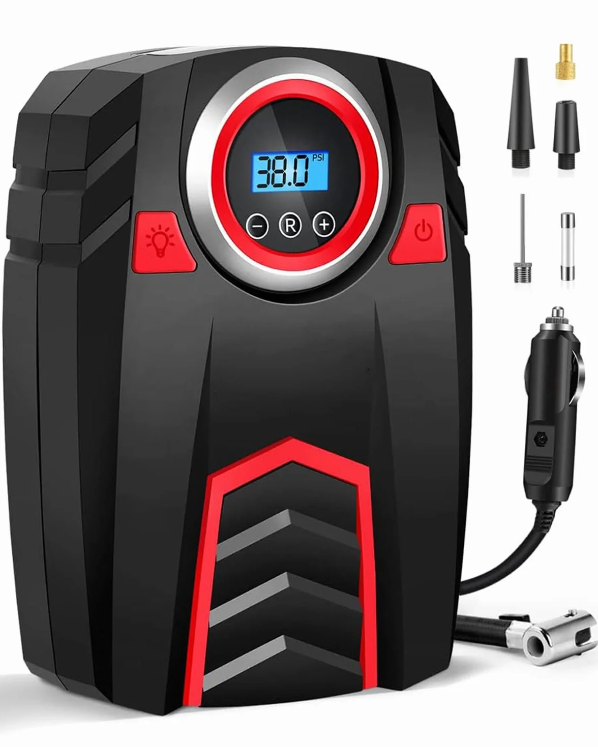 Cyfrowy pompka do opon samochodowych 12 V, przenośna sprężarka powietrza 150 PSI/30 l/min z wyświetlaczem LED, 4 uniwersalne adaptery i wąż 50 cm (czarny/czerwony) do opon, roweru/kempingu