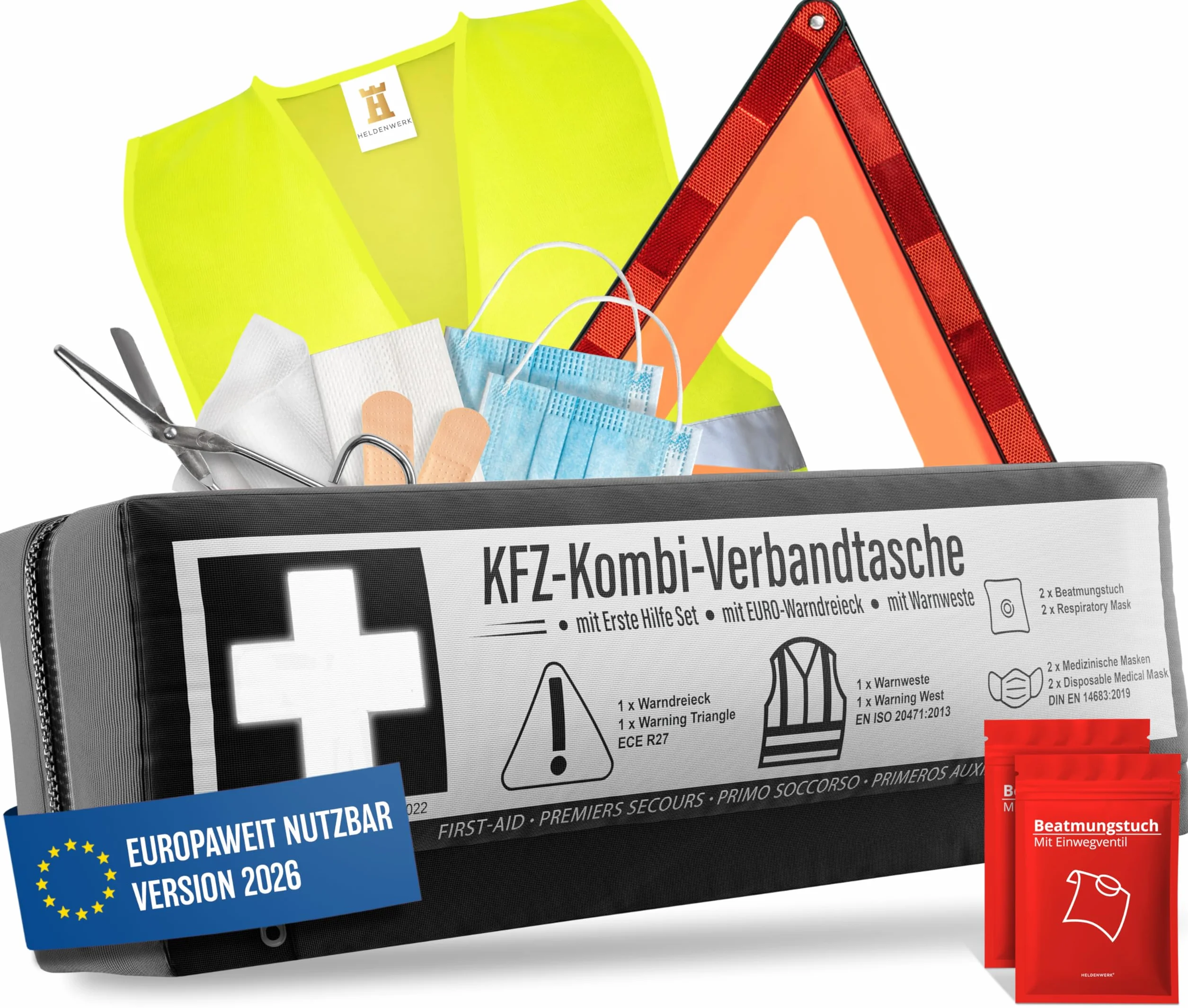 Zestaw pierwszej pomocy kombi (3 w 1) zgodnie z aktualną normą 2026 – W zestawie trójkąt ostrzegawczy, kamizelka odblaskowa – Zestaw pierwszej pomocy, trójkąt ostrzegawczy, apteczka samochodowa DIN