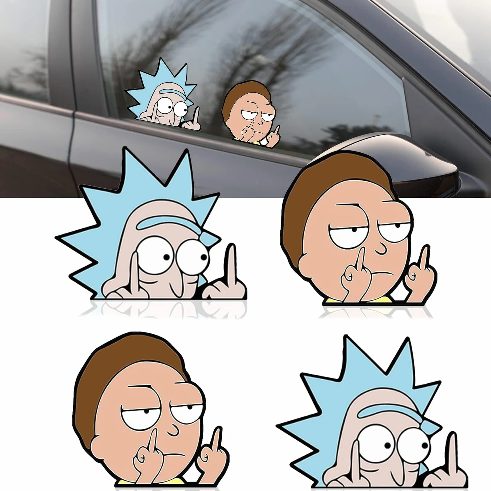 4 szt. Odblaskowe naklejki samochodowe Rick and Morty, naklejki samochodowe, naklejki samochodowe, naklejki motocyklowe, Auto Aufkleber Lustige do samochodów, notebooków, okien itp