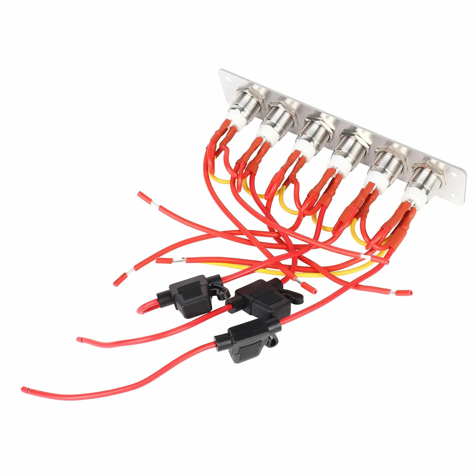 Akozon Panel Przełączników Przyciskowych 6-krotny, Okablowany z Niebieskimi Diodami LED do Samochodowego Jachtu RV, System 12V-24V DC, Przełączniki ze Stali Nierdzewnej i Panel Aluminiowy