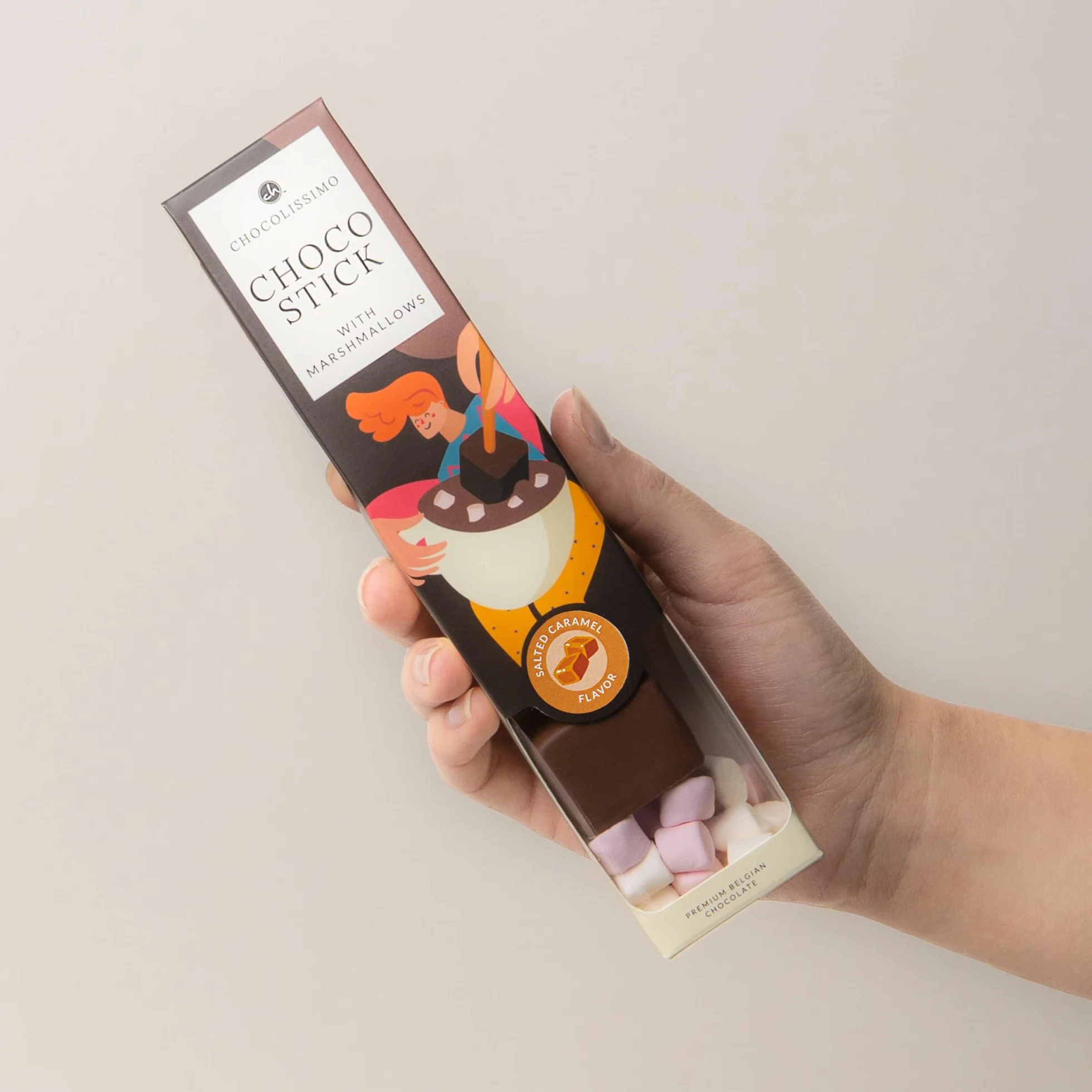 CHOCOLISSIMO ChocoStick Słony karmel Belgijska czekolada do picia o smaku słonego karmelu na patyku z piankami marshmallow 40 g