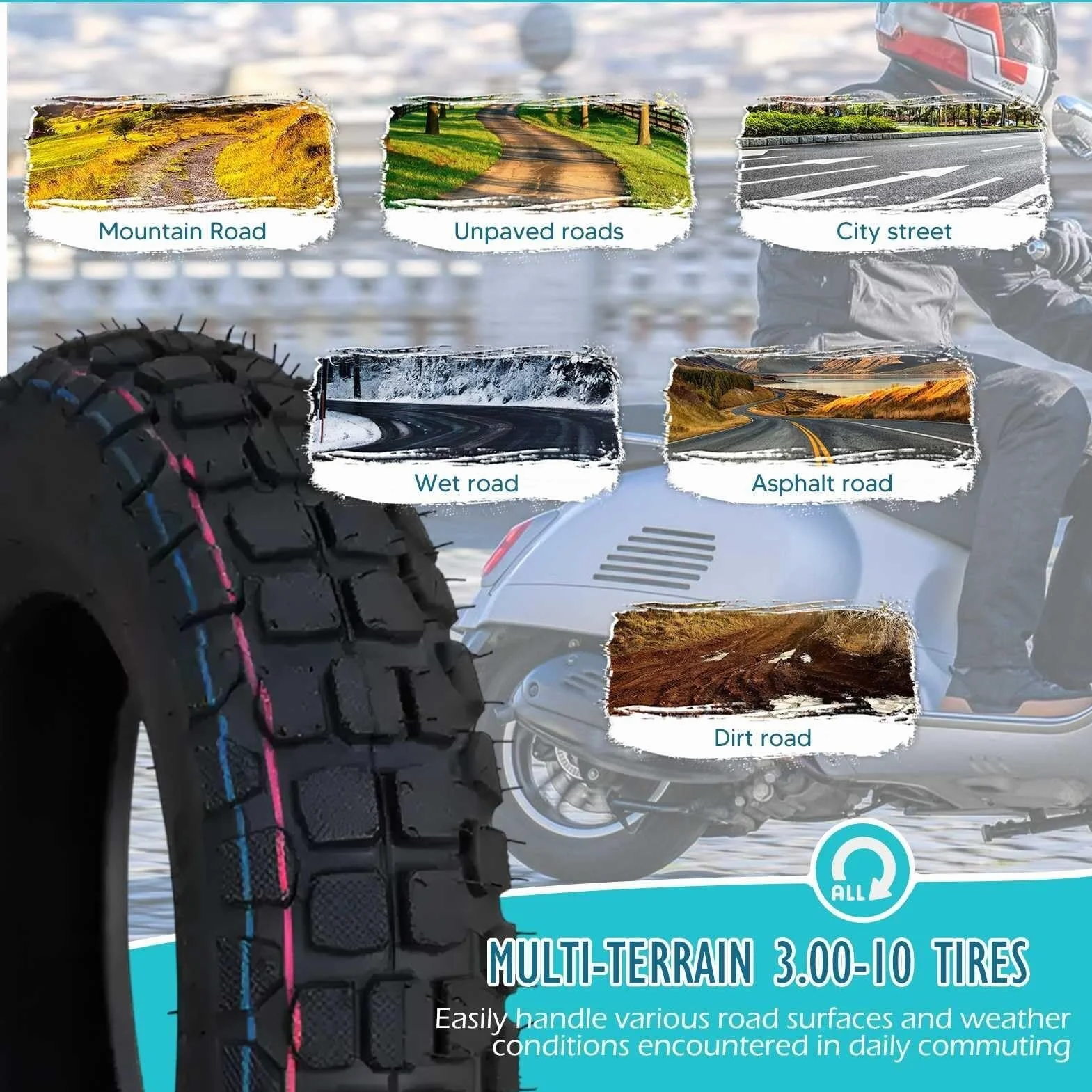 3.00-10 Opona Bezdętkowa (TL) 3.00-10 4 PR Opona Zimowa Motocyklowa o Wysokiej Przyczepności 3.00-10 Opona Terenowa z Bieżnikiem Odporna na Zużycie i Antypoślizgowa(2pcs)