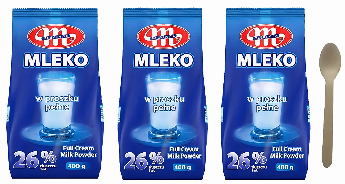 Mlekovita Pełne mleko w proszku 26% tłuszczu 400 g x 3 zestaw z łyżeczką 16 cm